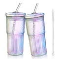 Joeyan 22 oz Iridescent Glass Tumbler with Straw and Lid for Iced Tea Coffee Smoothie Water Juice Beverages Soda,Ribbed Glasses Cups,Borosilicate Drinking Jar,Set of 2