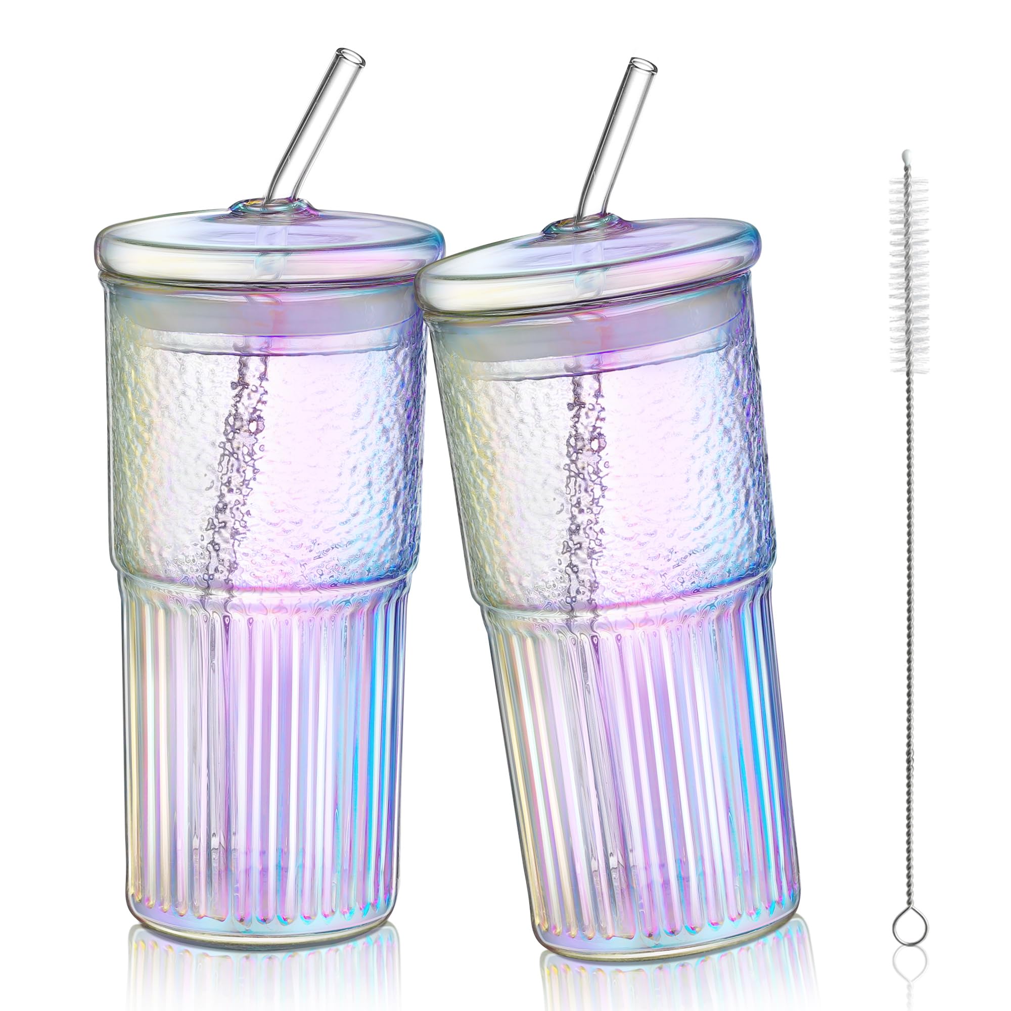 Joeyan 22 oz Iridescent Glass Tumbler with Straw and Lid for Iced Tea Coffee Smoothie Water Juice Beverages Soda,Ribbed Glasses Cups,Borosilicate Drinking Jar,Set of 2