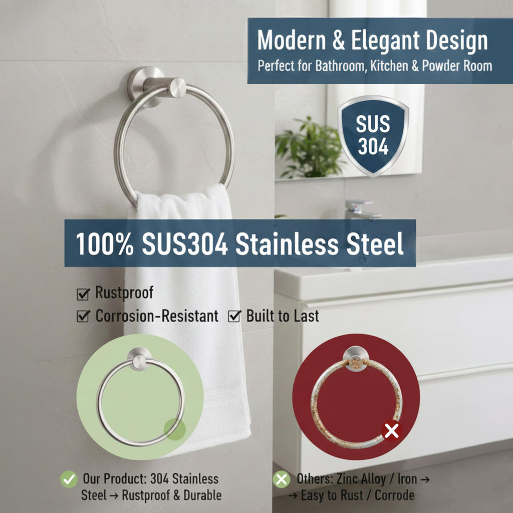 Towel Ring Brushed Nickel, Bath Hand Towel Ring Stainless Steel Round Towel Holder for Bathroom
