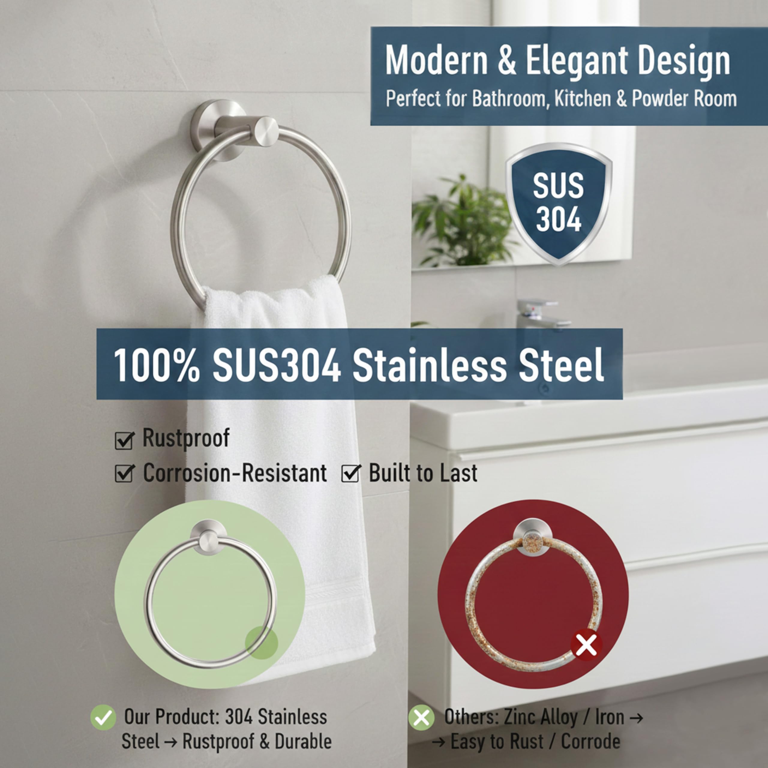 Towel Ring Brushed Nickel, Bath Hand Towel Ring Stainless Steel Round Towel Holder for Bathroom