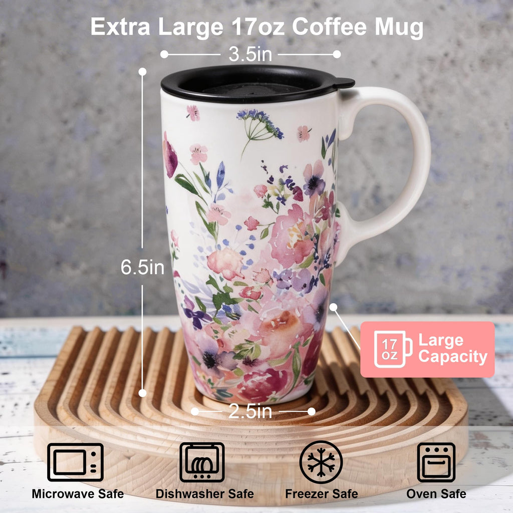 Topadorn Ceramic Mug with Lid Coffee Mug with Gift Box Latte Mug Coffee Cup,17oz.Pink Garden