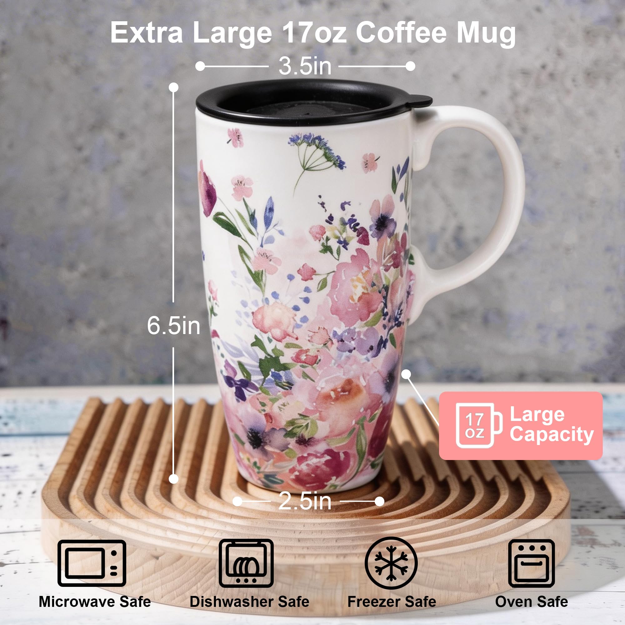 Topadorn Ceramic Mug with Lid Coffee Mug with Gift Box Latte Mug Coffee Cup,17oz.Pink Garden