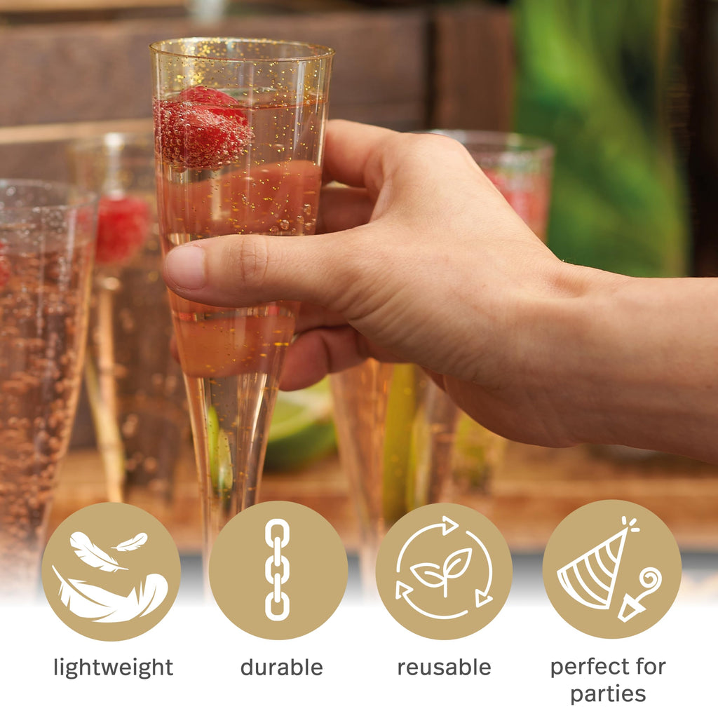 MATANA 48 Premium Plastic Champagne Flutes Gold Glitter 5 oz/ 133ml - Reusable Toasting Glasses for Cocktails, Dessert, Prosecco Mimosa Glasses for Wedding, Birthday, Event, Christmas Parties