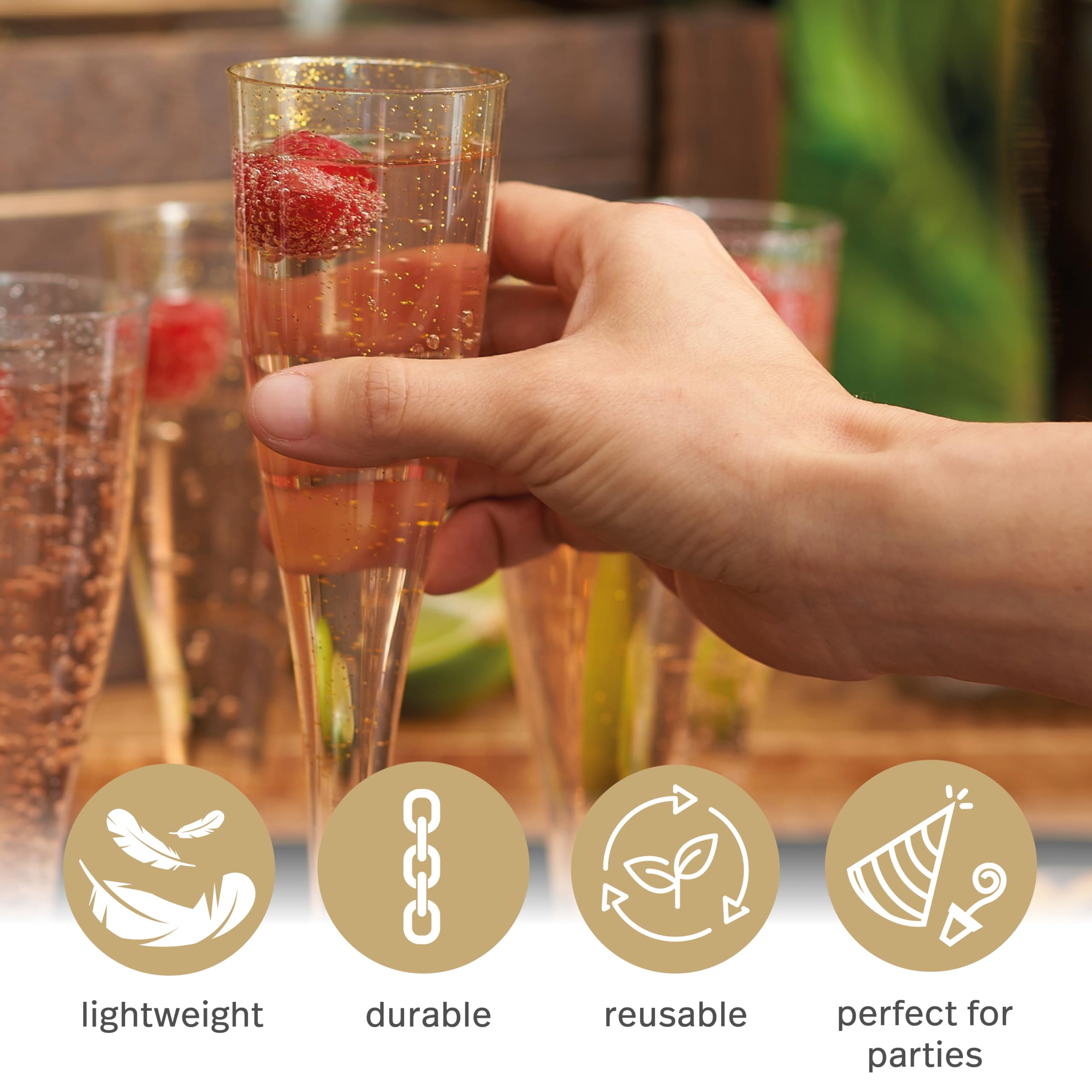 MATANA 48 Premium Plastic Champagne Flutes Gold Glitter 5 oz/ 133ml - Reusable Toasting Glasses for Cocktails, Dessert, Prosecco Mimosa Glasses for Wedding, Birthday, Event, Christmas Parties