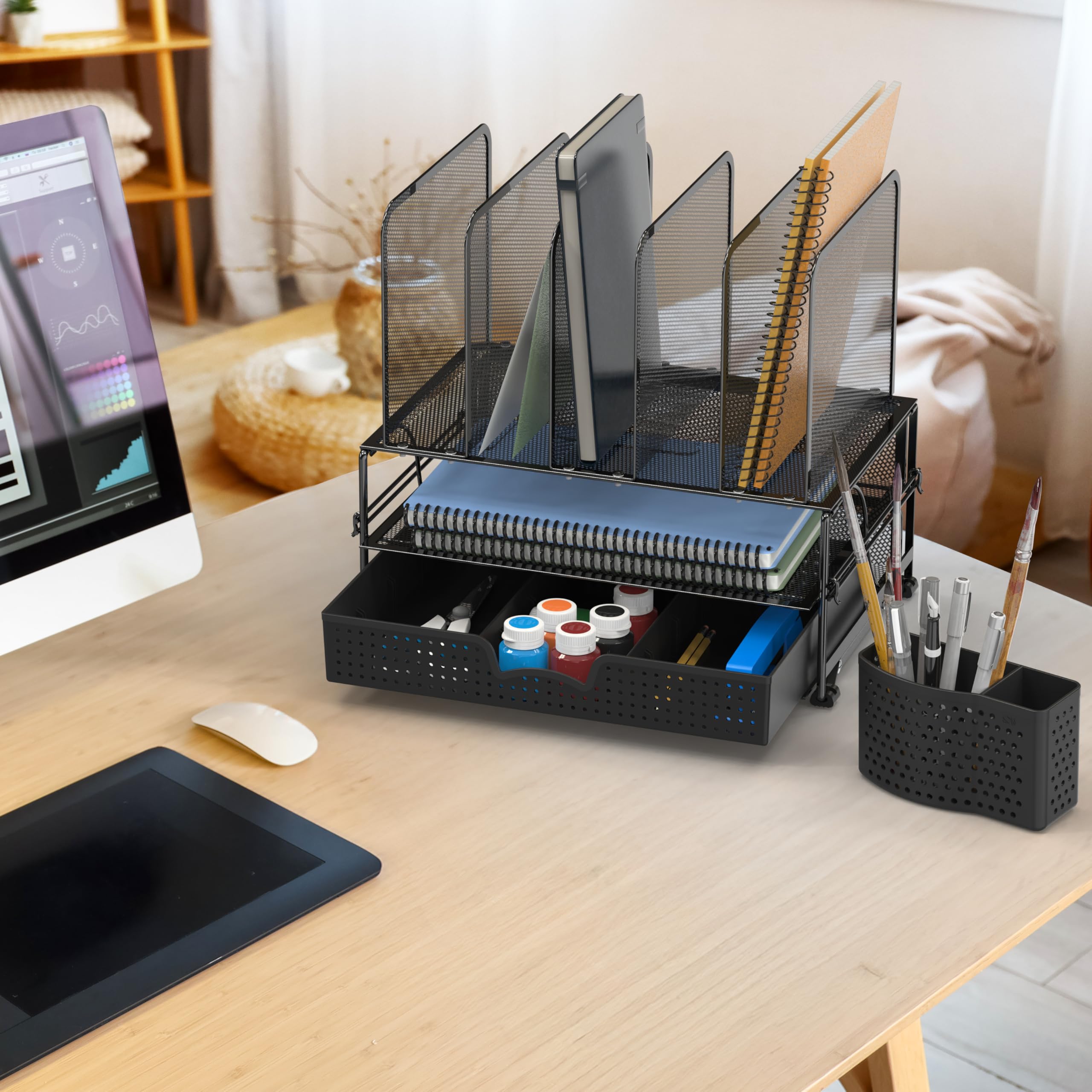 SimpleHouseware Desk File Organizer for Office Stationery with Sliding Drawer, Double Tray, Pencil Holder, and 5 Upright Sections, Black