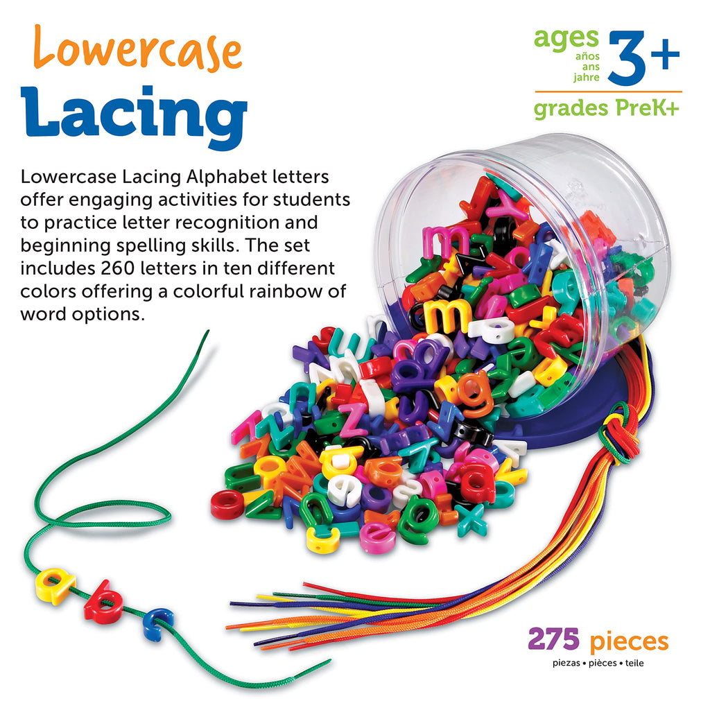 Learning Resources Lowercase Lacing Letters - 275 Pieces, Ages 3+ Toddler Alphabet Learning Toys, Preschool Games, Homeschool Supplies, Fine Motor Skills Toys, Alphabet Beads, Early Spelling