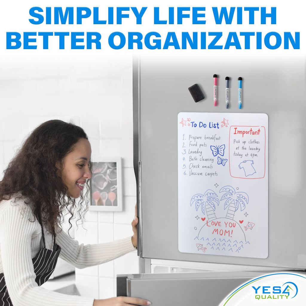 Extra Large Magnetic Dry Erase Whiteboard Sheet for Fridge - 63x40 cm - Stain-Resistant with 3 Markers & Big Eraser with Magnets - Refrigerator White Board Planner & Organiser - by Yes4Quality