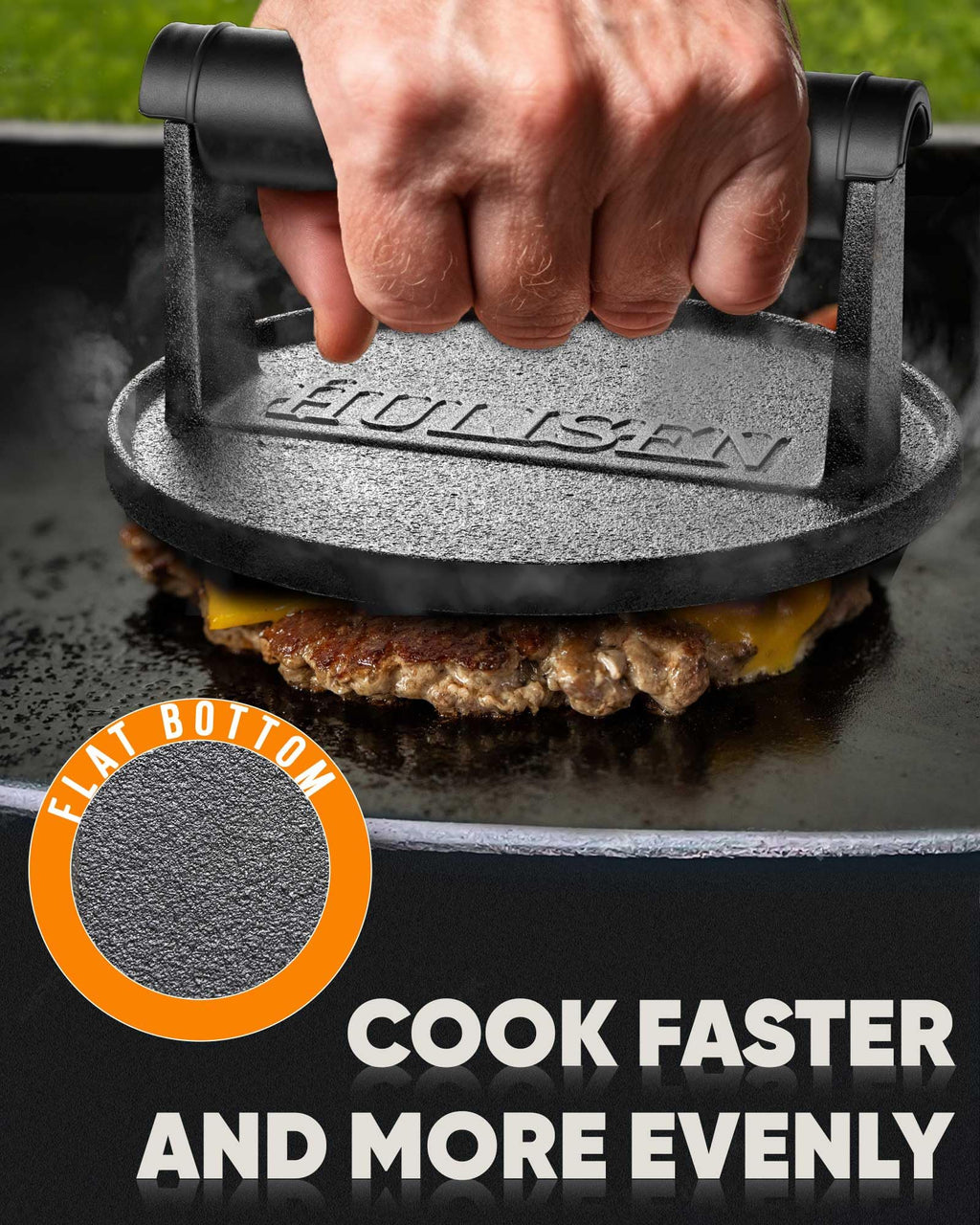 HULISEN Pre-Seasoned Cast Iron Burger Press, Heavy Duty 6” Burger Smasher for Griddle with Heat Resistant Handle, Grill Press for Hamburger, Bacon, Meat, Steak, Patty, Barbecue Grilling Tool
