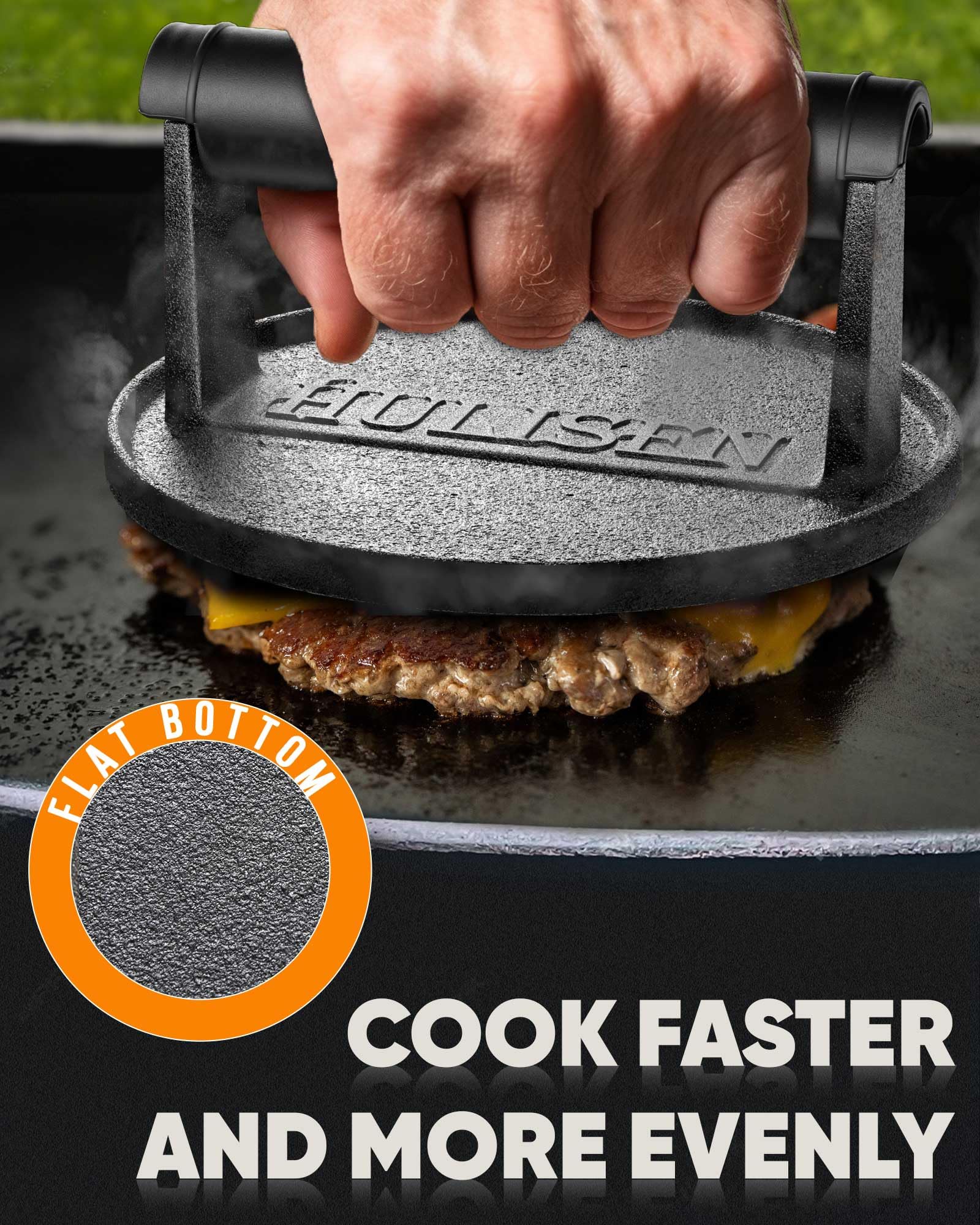 HULISEN Pre-Seasoned Cast Iron Burger Press, Heavy Duty 6” Burger Smasher for Griddle with Heat Resistant Handle, Grill Press for Hamburger, Bacon, Meat, Steak, Patty, Barbecue Grilling Tool