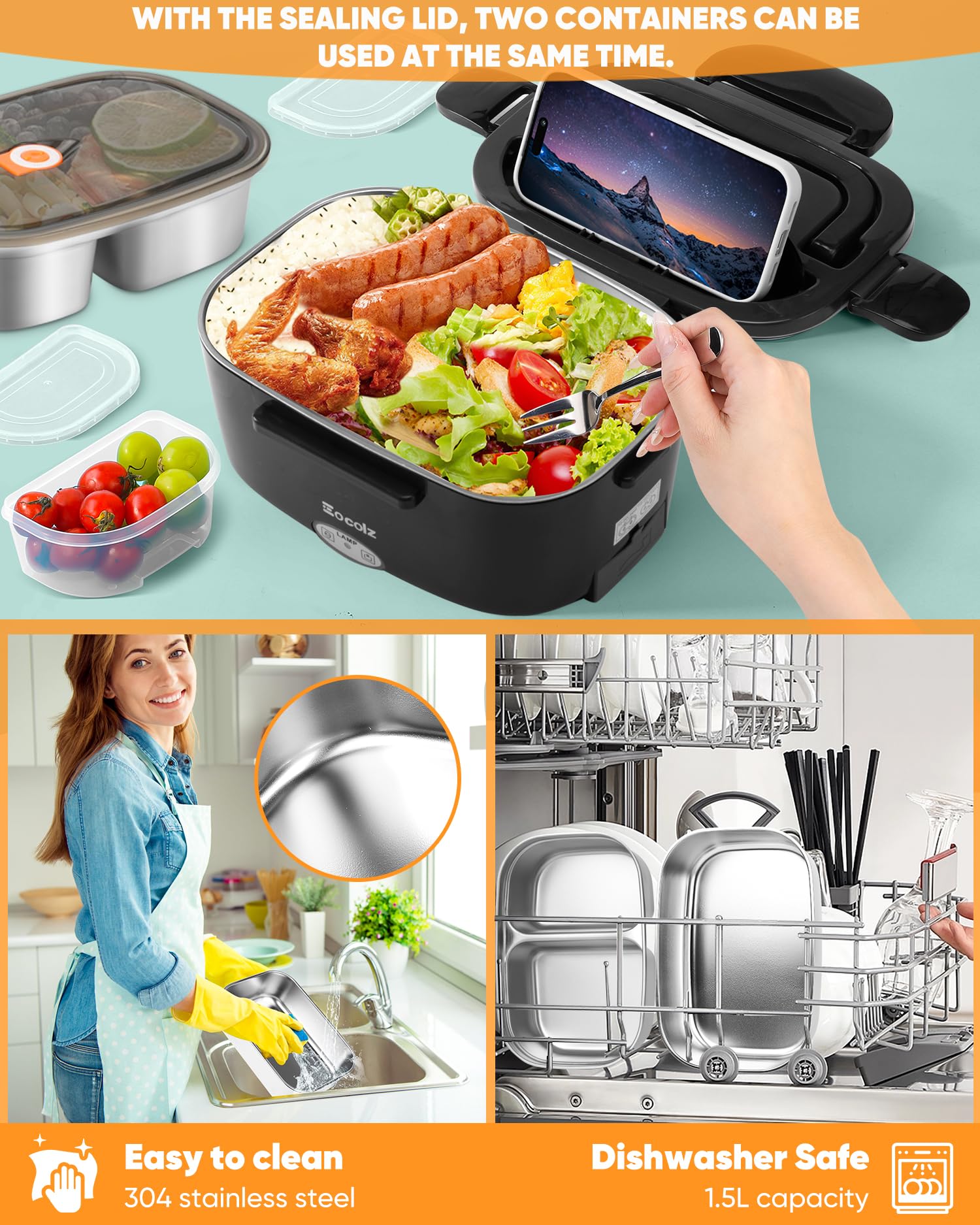 Electric Lunch Box Food Heater - 100W Fast Heating Lunch Box 12V/24V/110-230V Warming Lunchbox, Dual 1.5L Containers, Portable Food Warmer for Car/Truck/Travel, with Spork & Insulated Carry Bag