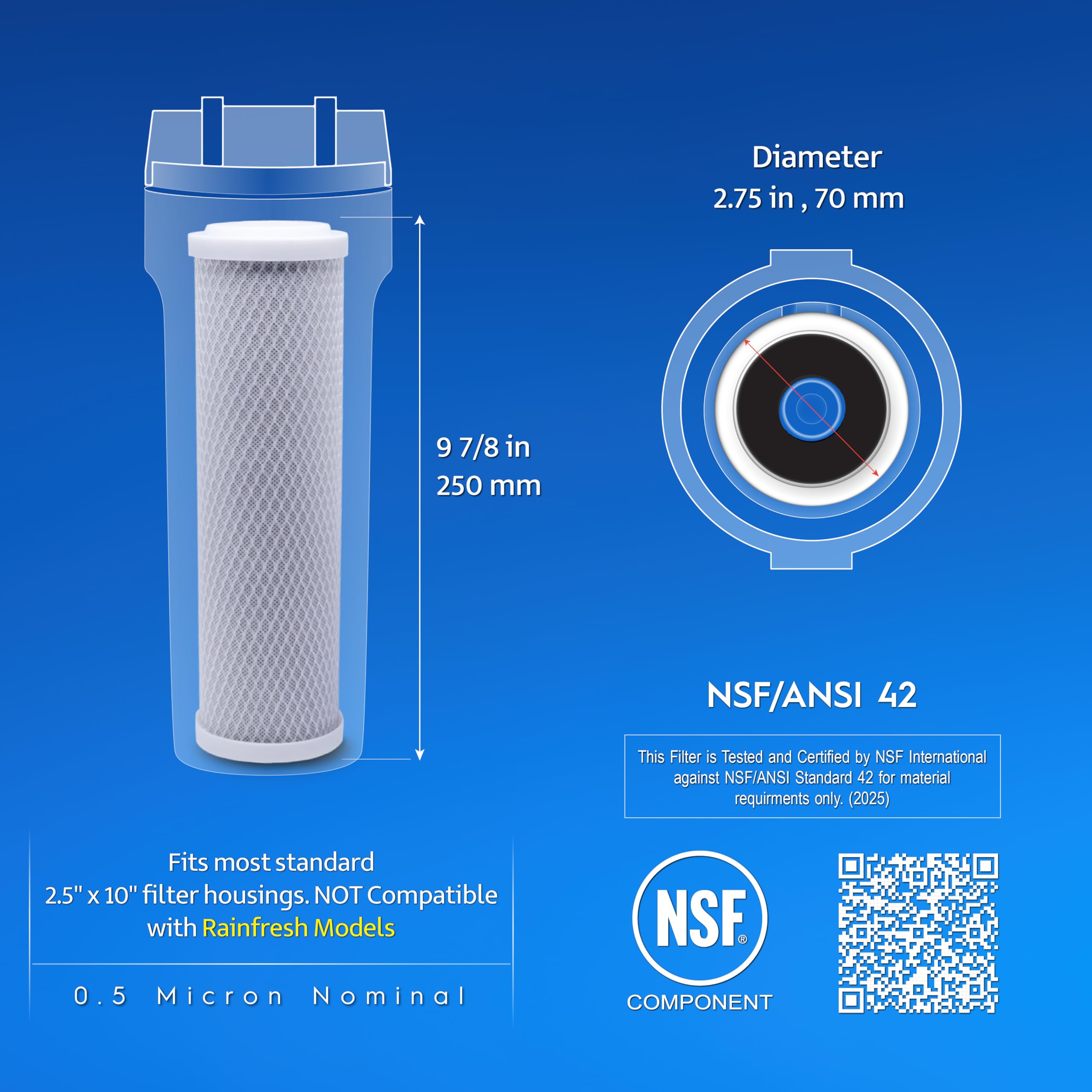 AquaRenaissance Premium 0.5 Micron Carbon Block 2.5 x 10 inch CTO Water Filter Cartridge Replacement, 95% VOC & PFAS Reduction, for Under Sink, and Reverse Osmosis Systems, NSF Certified, 2 Pack