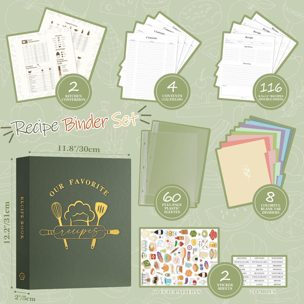 Lanpn Recipe Binder 8.5x11 3 Ring Kit, Waterproof Recipe Book Organizer Binder to Write in Your Own Recipes, Blank Cookbook with 60 Plastic Sleeves,116 Recipes, Dividers, Labels & Stickers, Green
