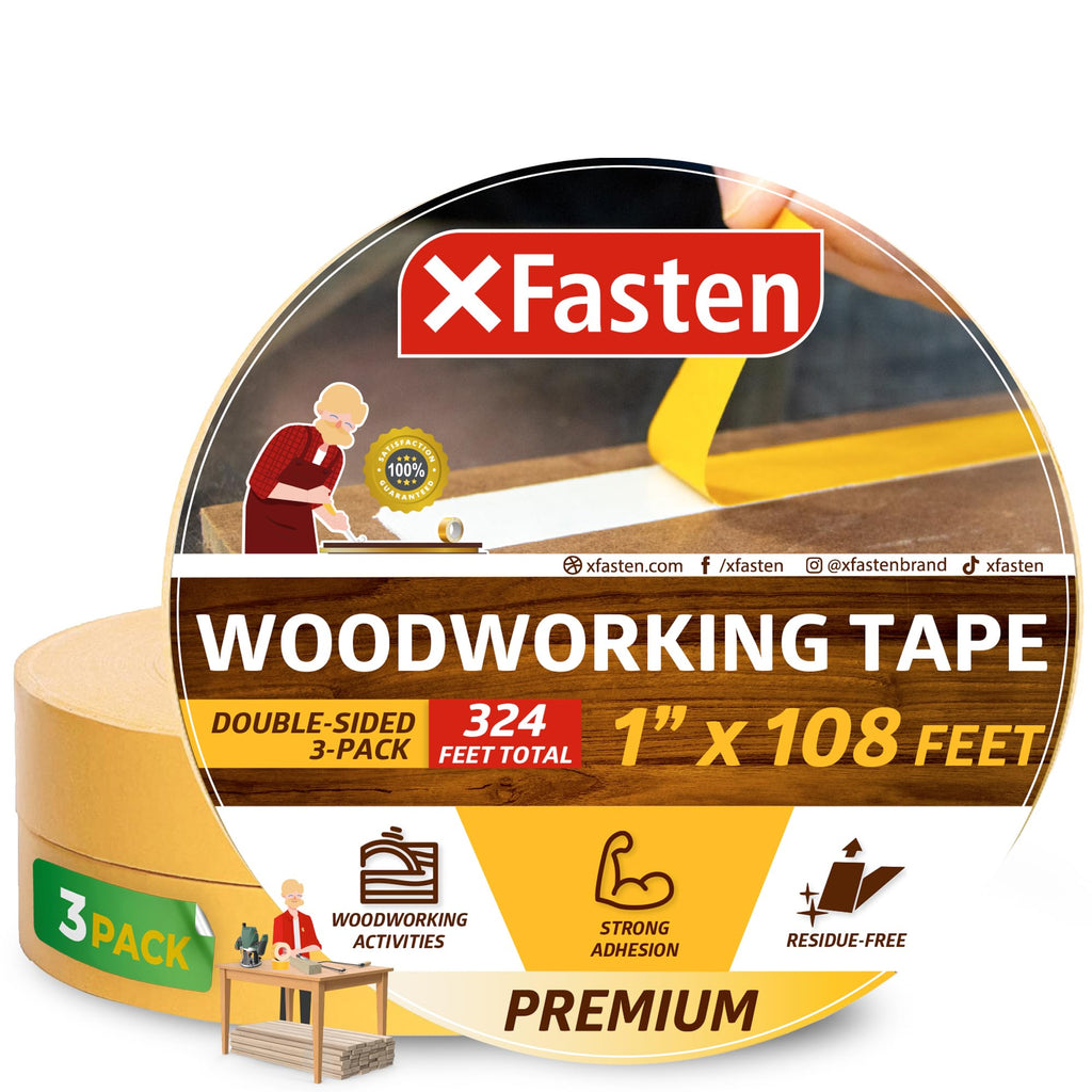 XFasten Double Sided Woodworking Tape, 1-Inch by 36-Yards, 3-Pack - Double Face Woodworker Turner's Tape for Wood Template, Removable & Residue Free