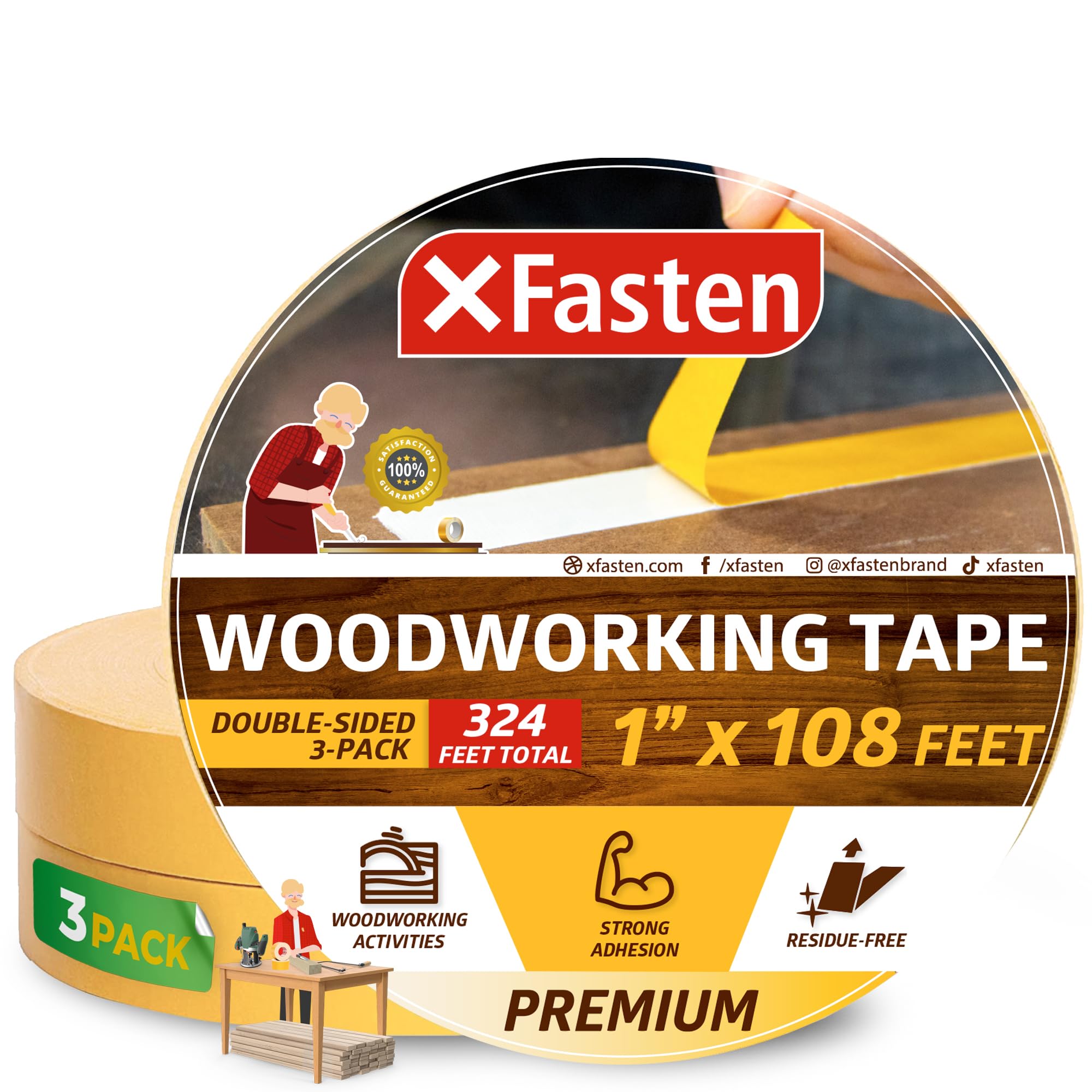 XFasten Double Sided Woodworking Tape, 1-Inch by 36-Yards, 3-Pack - Double Face Woodworker Turner's Tape for Wood Template, Removable & Residue Free