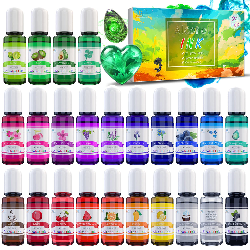 Alcohol Ink Set - 24 Vibrant Colors for Resin Art, Petri Dish Making, Epoxy Painting - Concentrated Alcohol-Based Paint Color Dye for Tumbler Making - 24 x 10ml/.35oz