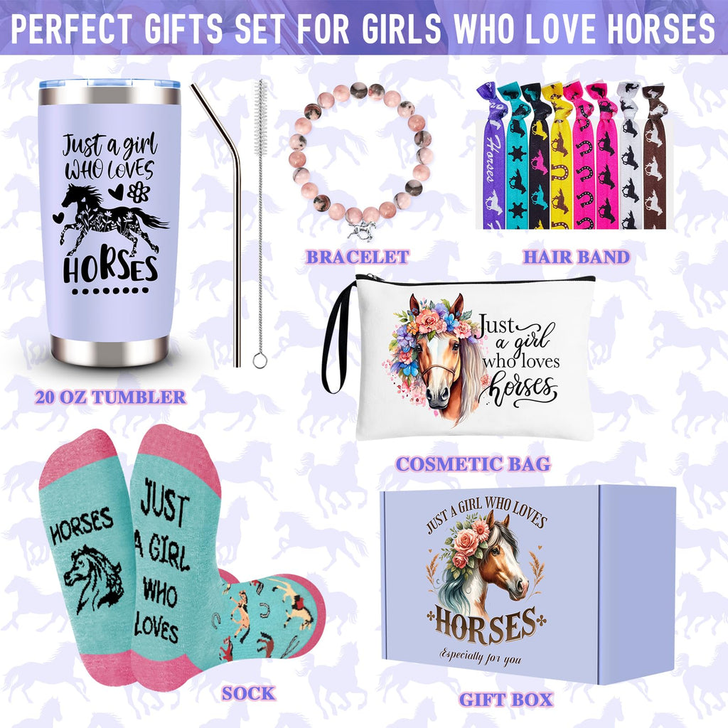 JTAMOHI Horse Lover Gifts for Girls, 6 Pcs Horse Stuff Cool Gifts for Horse Lovers with 20 Oz Tumbler Socks Makeup Bag Bracelet 8 Hair Accessories, Birthday, Christmas Gifts for Horse Lover