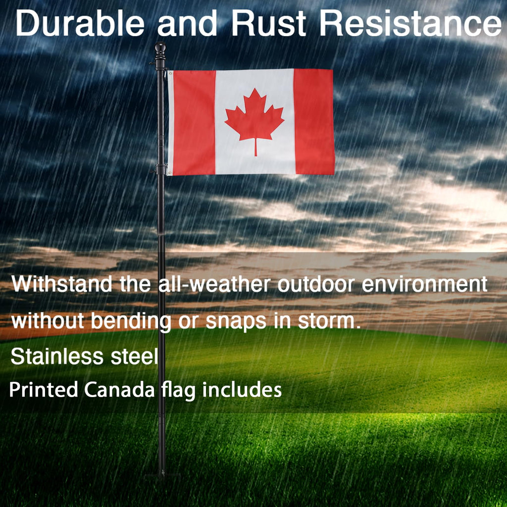 Ground Flag Poles for Outside House inground, 80 inch Black Heavy Duty Flag Pole Kit with 3x5ft Canada Flag, 2 Pronges Base and Tangle Free Flagpole Rings for Outdoor
