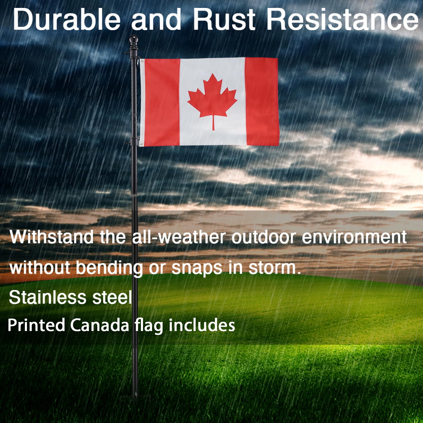 Ground Flag Poles for Outside House inground, 80 inch Black Heavy Duty Flag Pole Kit with 3x5ft Canada Flag, 2 Pronges Base and Tangle Free Flagpole Rings for Outdoor