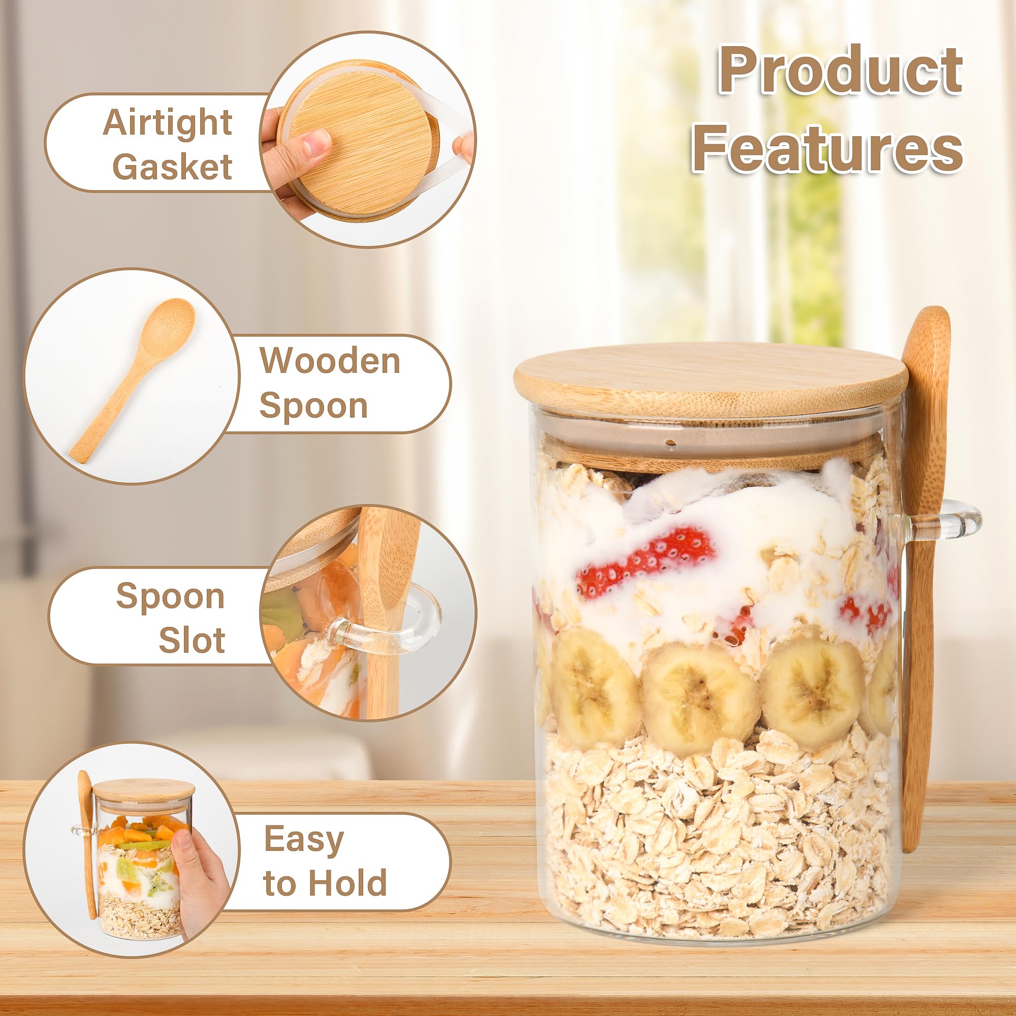 Overnight Oats Jars with Spoons-4 Pack 18oz Overnight Oats Containers with Lids-Glass Jar with Bamboo Lids for Chia Seed Pudding Salad Cereal Coffee Flour-Sourdough Starter Jar for Bread (4)