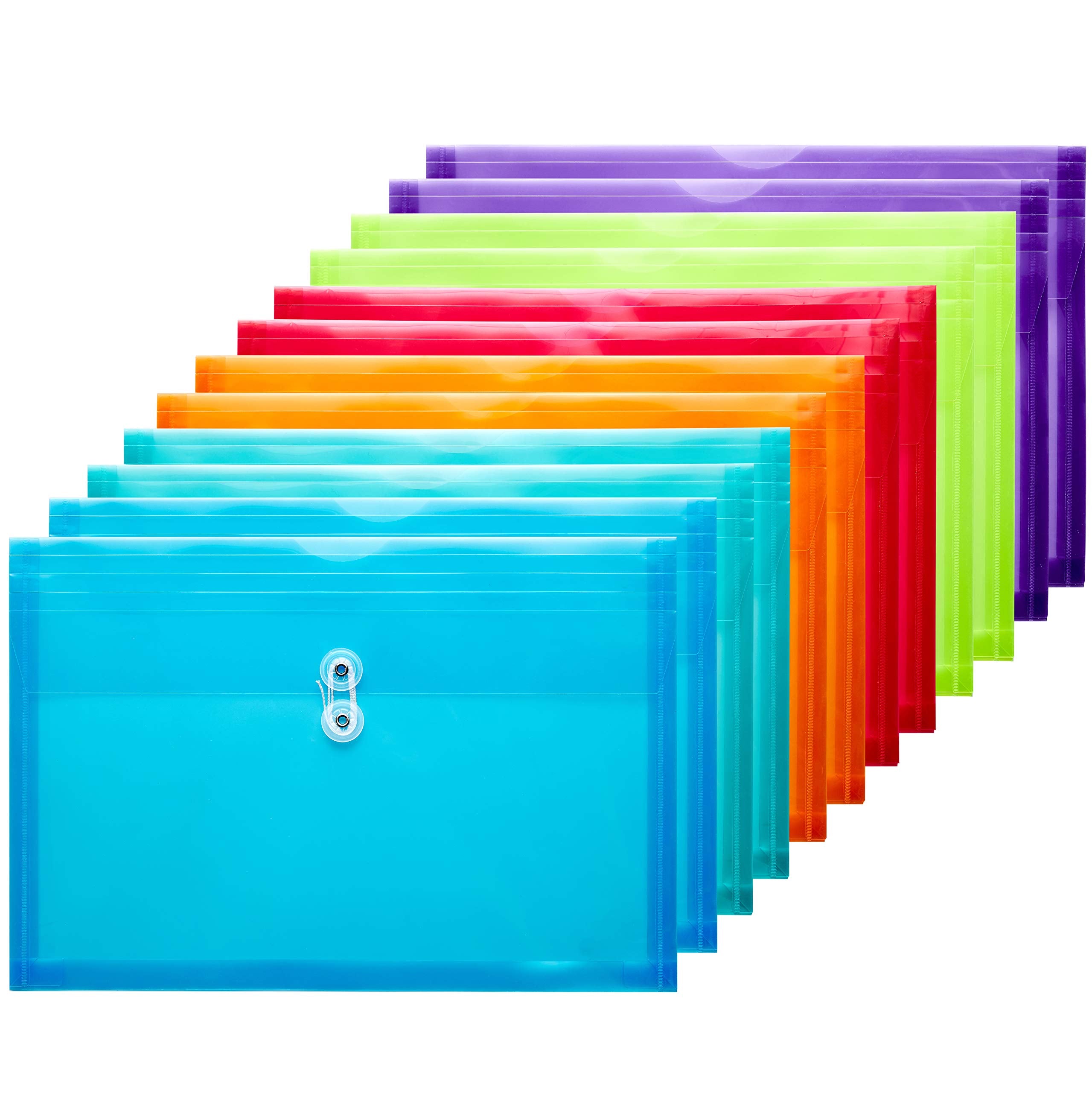 FANWU Plastic Legal Size Envelopes with String Tie Closure, 1-1/4" Expansion, Side Load, Clear File Folders Poly Project Paper Documents Organizer for Office School Home (Assorted Colors -12 P)