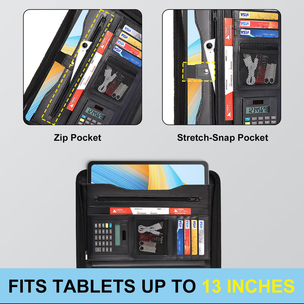 Eshow Padfolio with Zipper, Vegan Leather Portfolio for Business School, Portfolio Folder with 1 Notepad and 1 Pen for Men Women