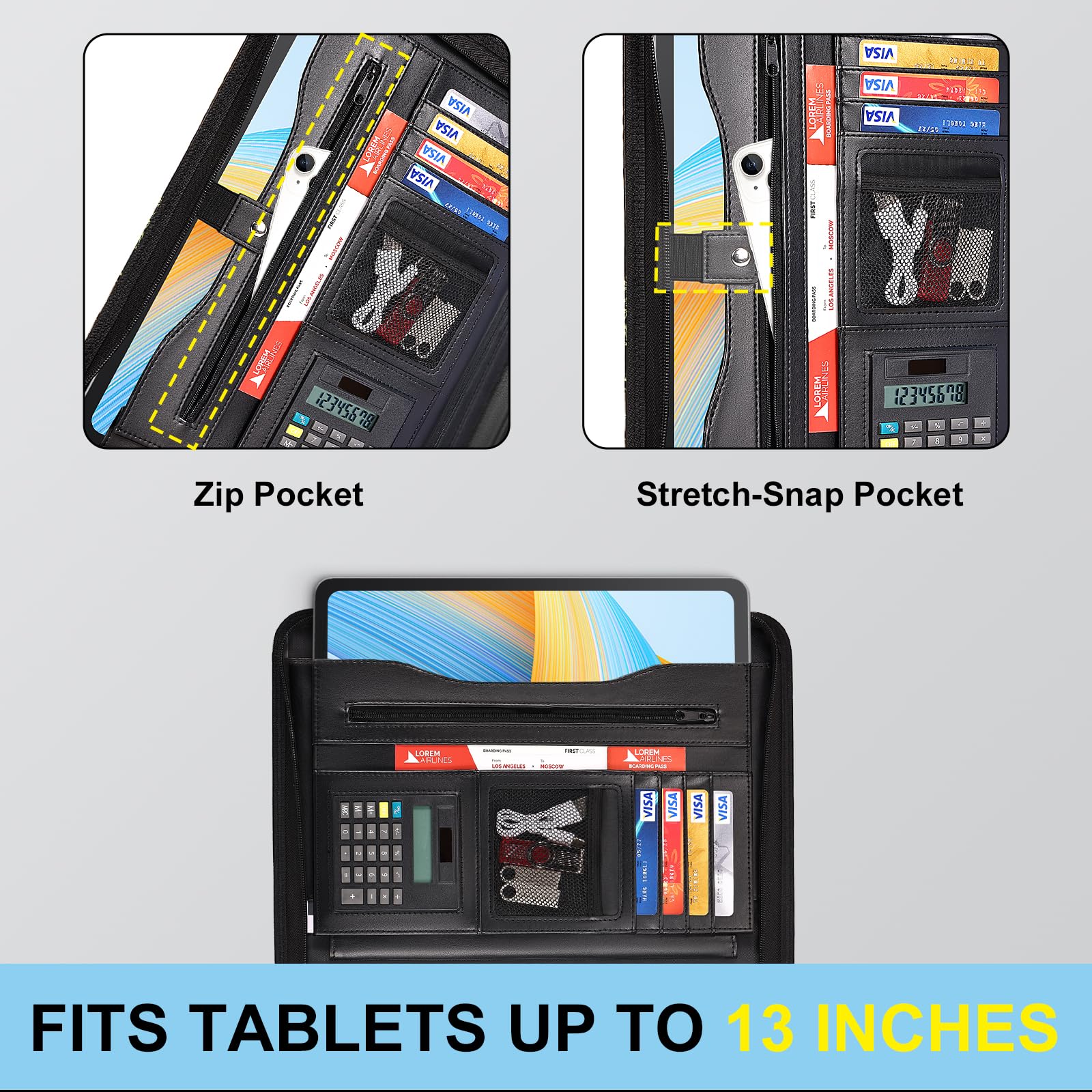 Eshow Padfolio with Zipper, Vegan Leather Portfolio for Business School, Portfolio Folder with 1 Notepad and 1 Pen for Men Women