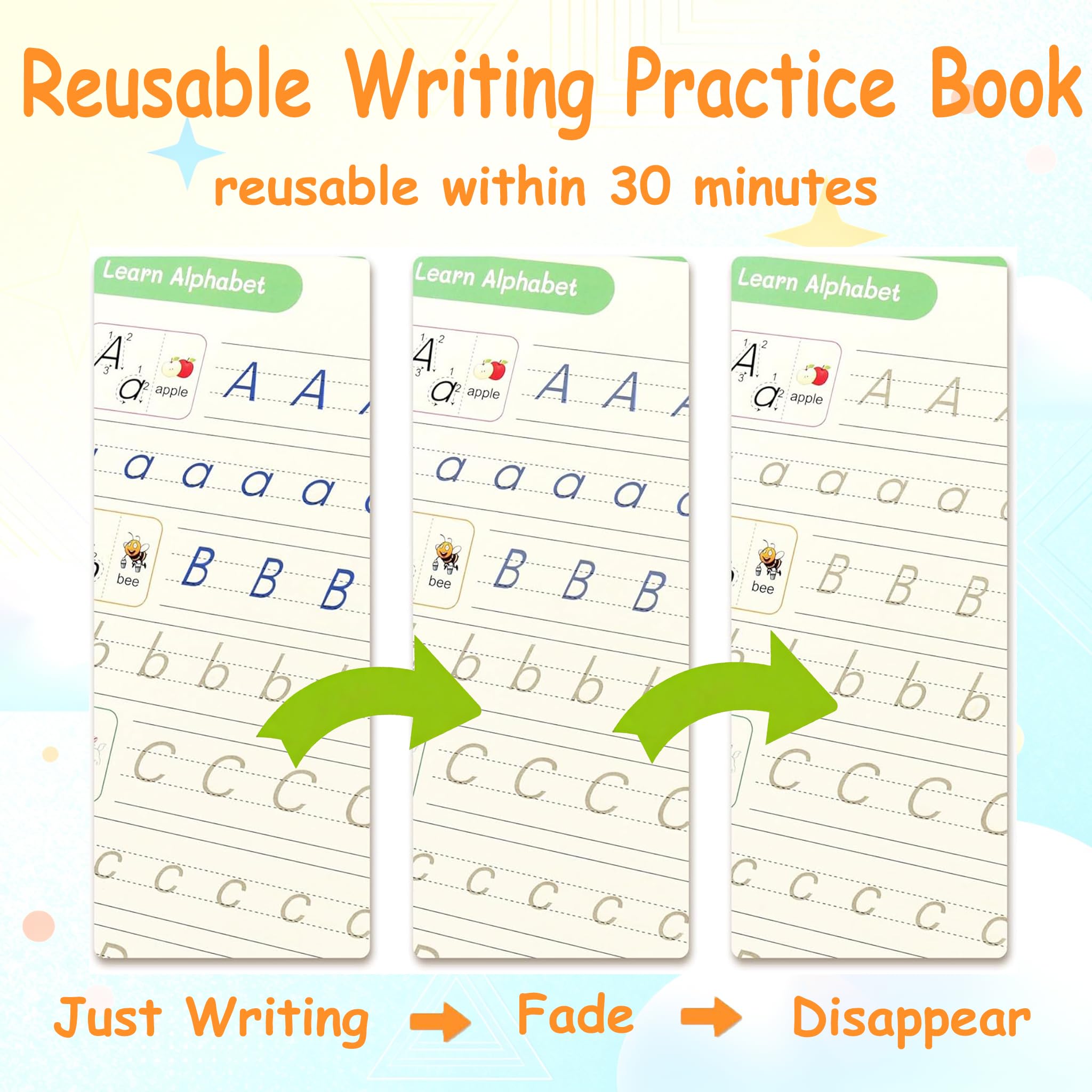 Magic Grooved Writing Practice Books for Reusable Handwriting Workbook with Disappearing Ink Pen & Stickers Practicing Letters, Numbers, Drawing and Math 4 Book Set with Refills