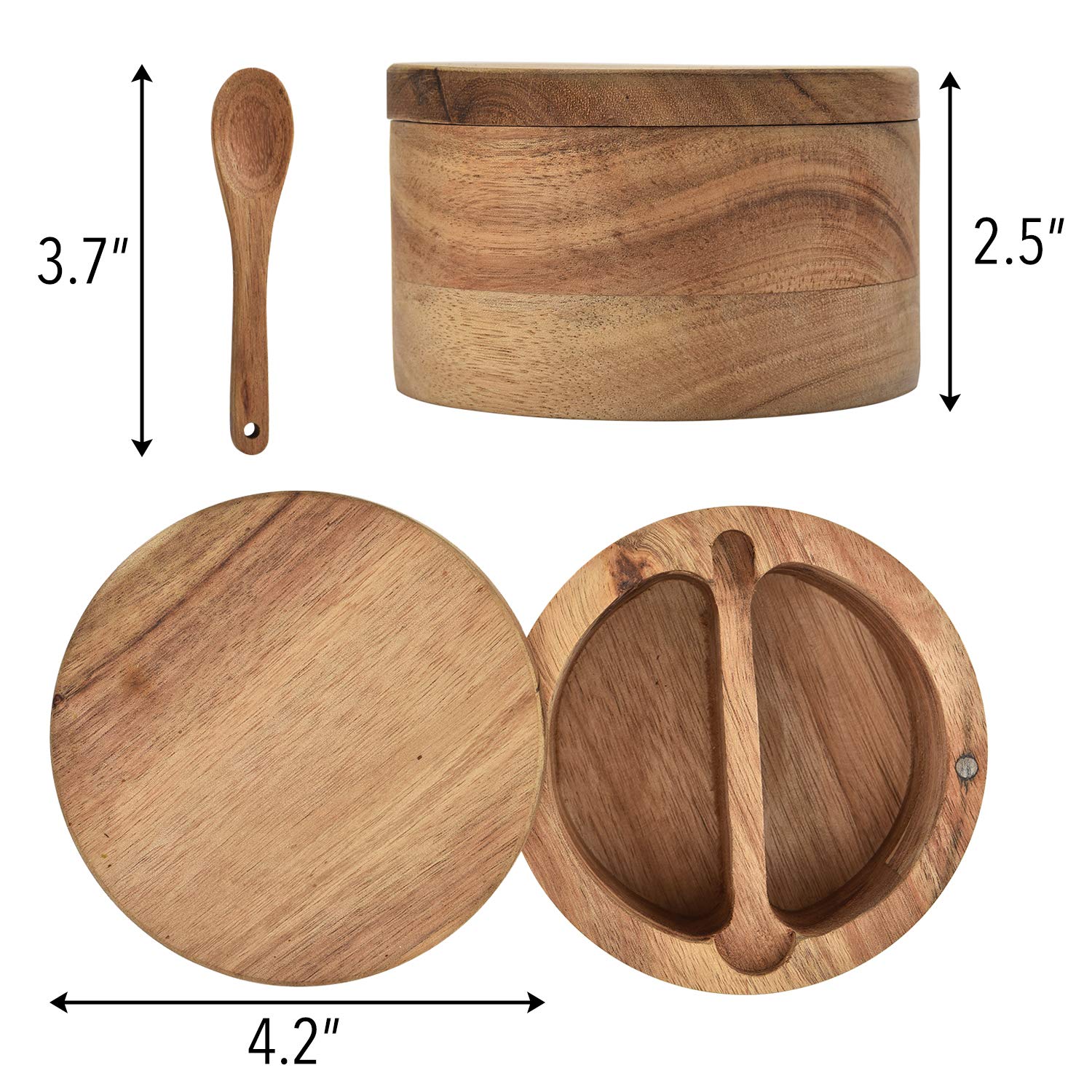 Acacia Wood Salt and Pepper Cellar with Swivel Magnetic Lid Serving Spoon inside 2-Compartment for Storing Salt,Herbs,Spices