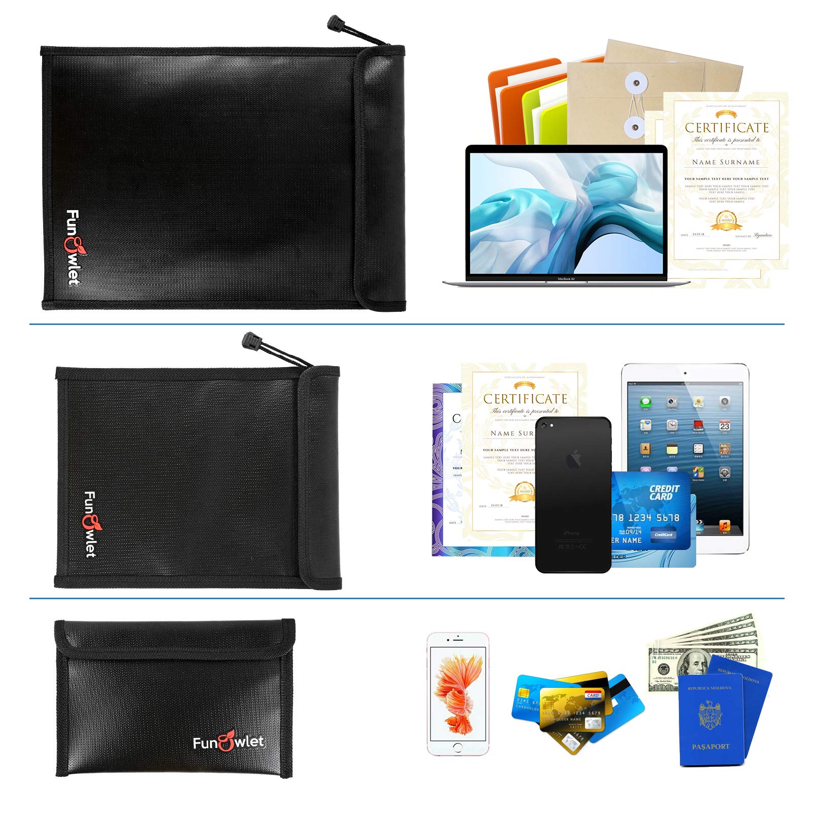FunOwlet Fireproof Waterproof Document Bag – 3 Pack Fire and Water Resistant Zipper Storage Organizer & Money Safe Pouch Set for Important Papers, Cash, Passports, Jewelry & Electronics (Black)