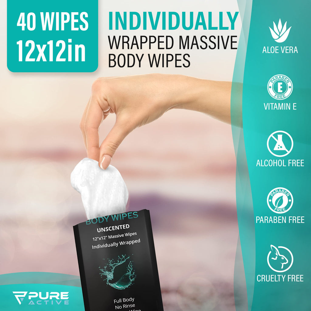 Shower Body Wipes 30X30 cm, 40 Individually Wrapped Personal Hygiene Body Wipes for Women and Men, Keep Clean After Gym Travel Camping Outdoors Sports, Unscented