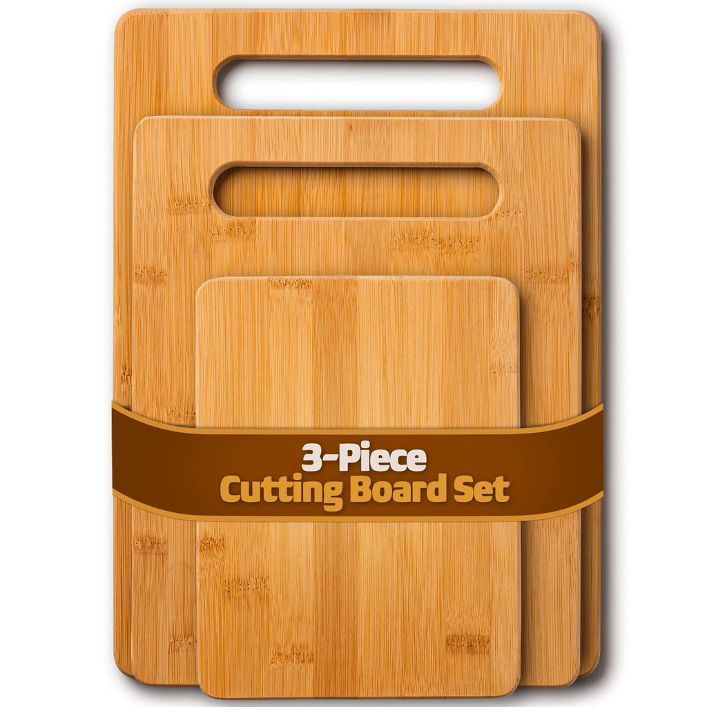Cutting Board Set - 3 Piece Bamboo Cutting Boards, Wooden Cutting Board for Kitchen, Non Toxic Chopping Board for Food Prep, Serving, Meal Prep, Carving Meat, Fruits, Vegetables, Bread, Cheese, Snacks