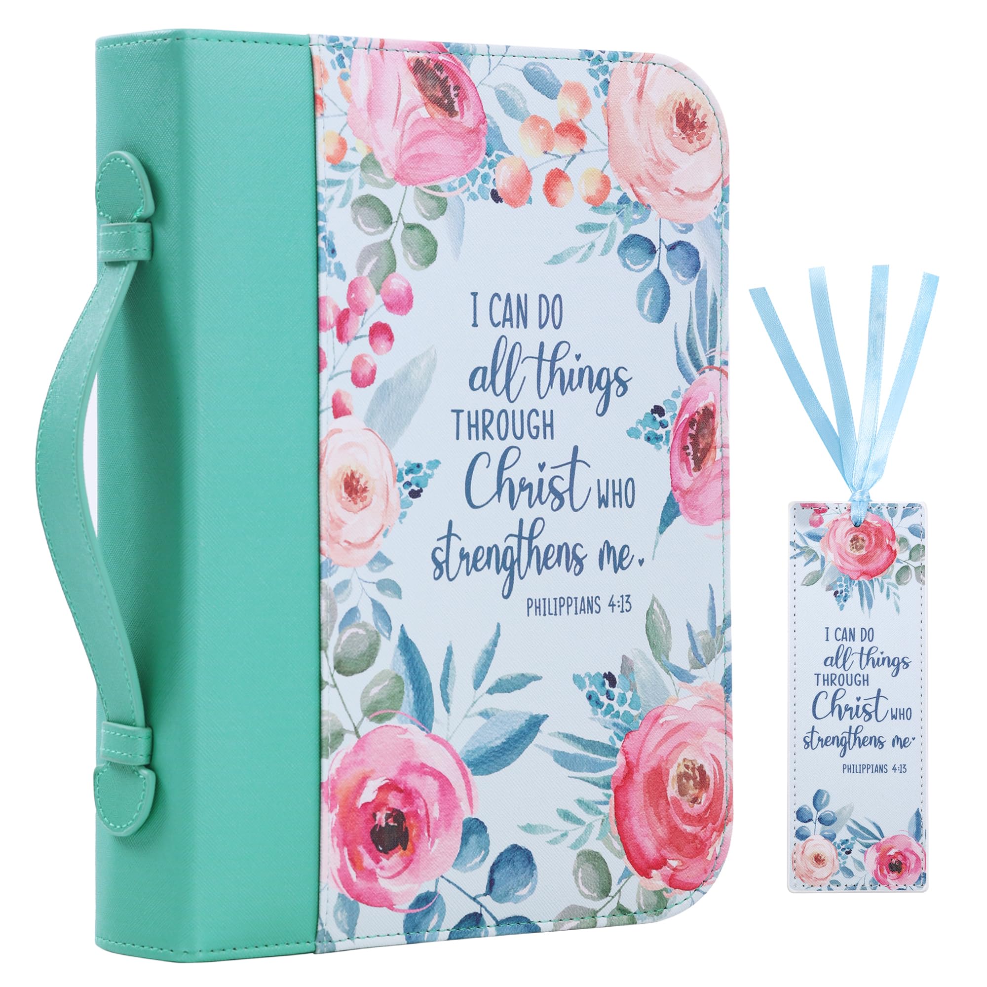 Faithful Hers Bible Covers Case for Women Leather Large Study Bible Carrying Cases Holder 11"x8.2"x2.2" Floral Bible Carrier Tote Bags with Handles Pockets Christian Bible Accessories Gifts