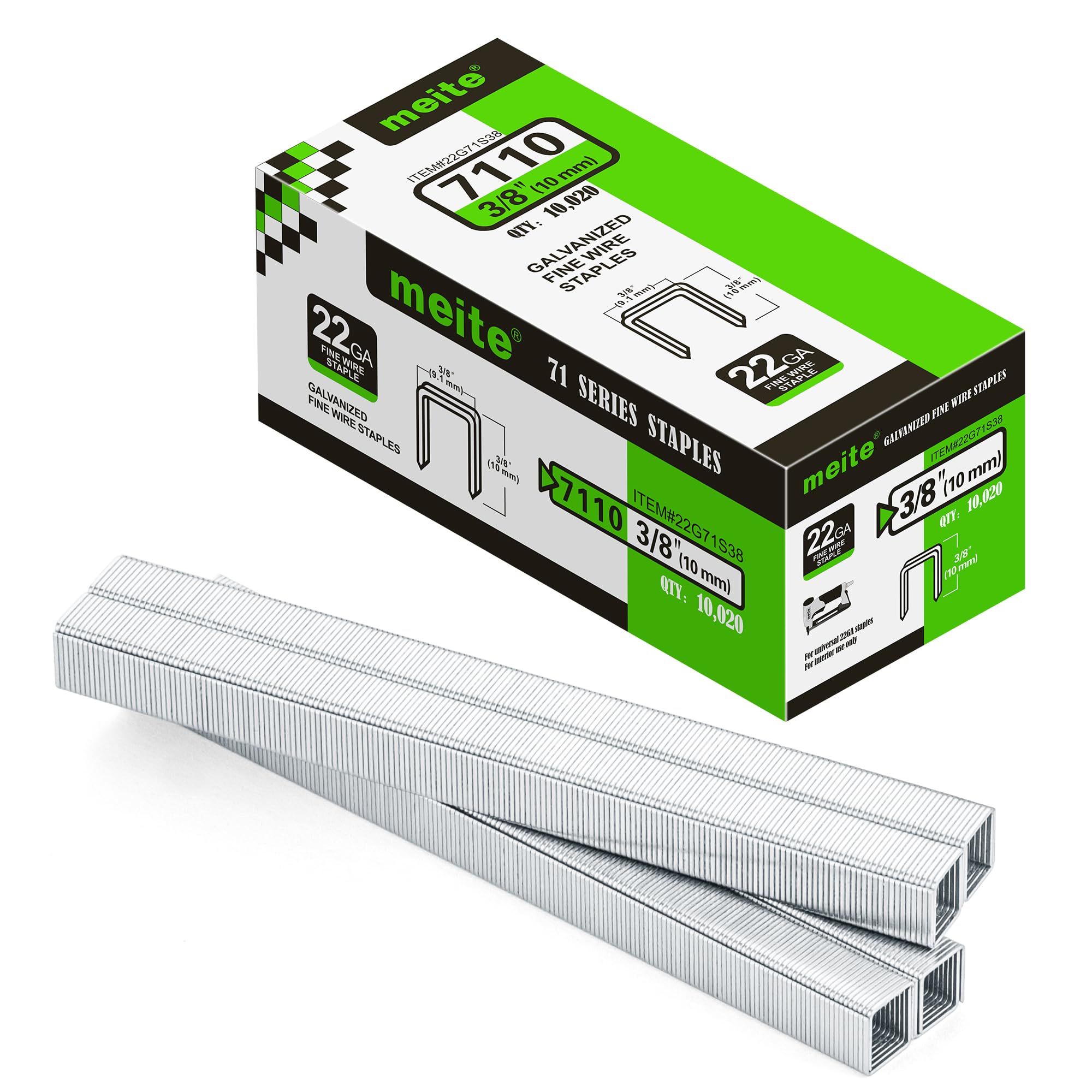 meite 22G71S38 22 Gauge 71 Series 3/8" Crown Wide 3/8" Leg Length Galvanized Staples for Upholstery Stapler 10,020 PCS/Box (1 Box)