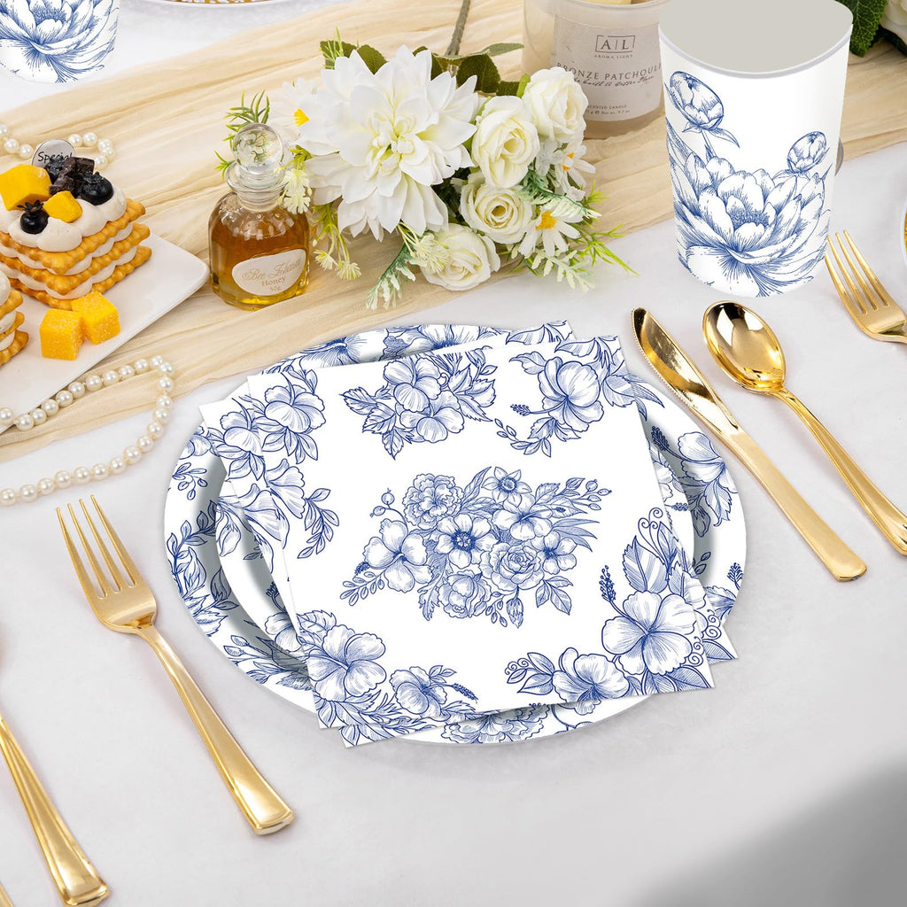 SKTMH 96Pcs Blue White Flower Party Decorations: Blue White Floral Tableware - Plates, Napkins, Cups - Tea Party Supplies - Disposable - Floral Birthday Decor