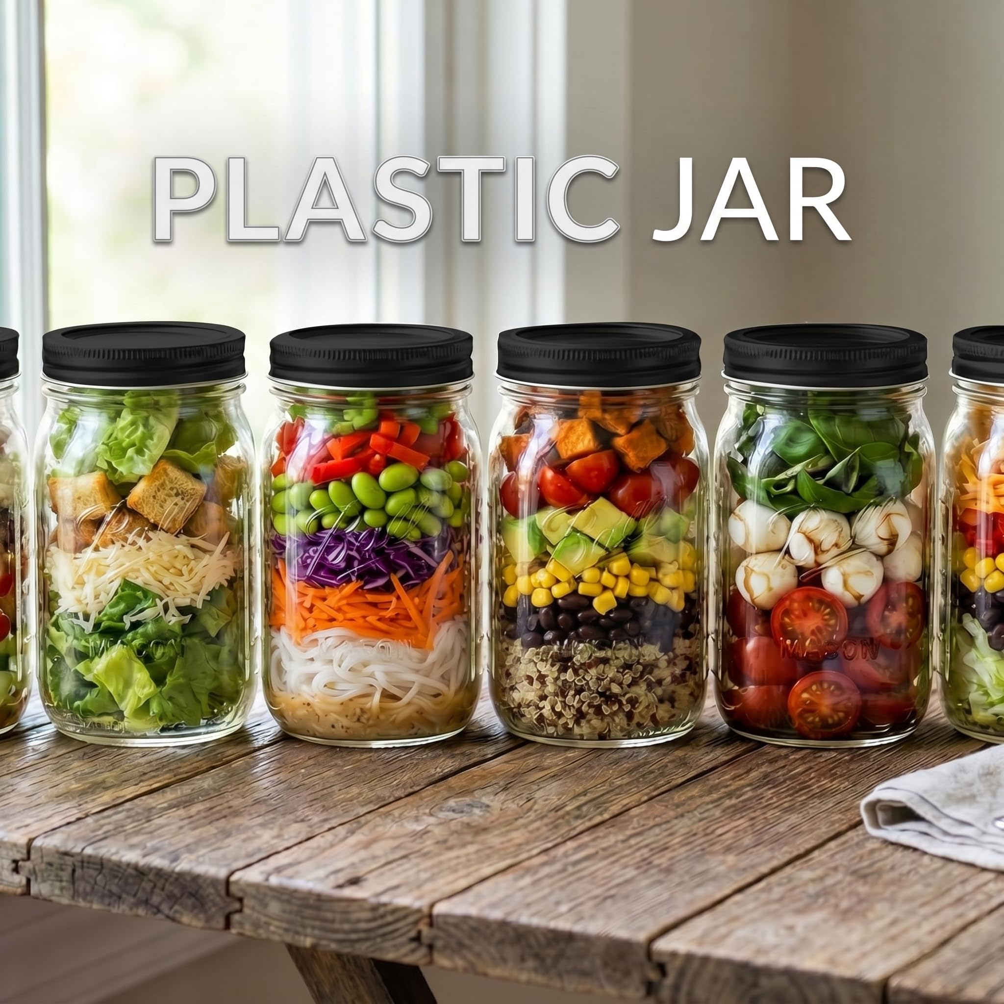 novelinks 32 oz Mason Jars with Plastic Lids, 12 Pack Large Plastic Salad Jars with Lids 32oz, Reusable Spice Containers & Kitchen Jars for Pantry Organization (12 Pack,Black)