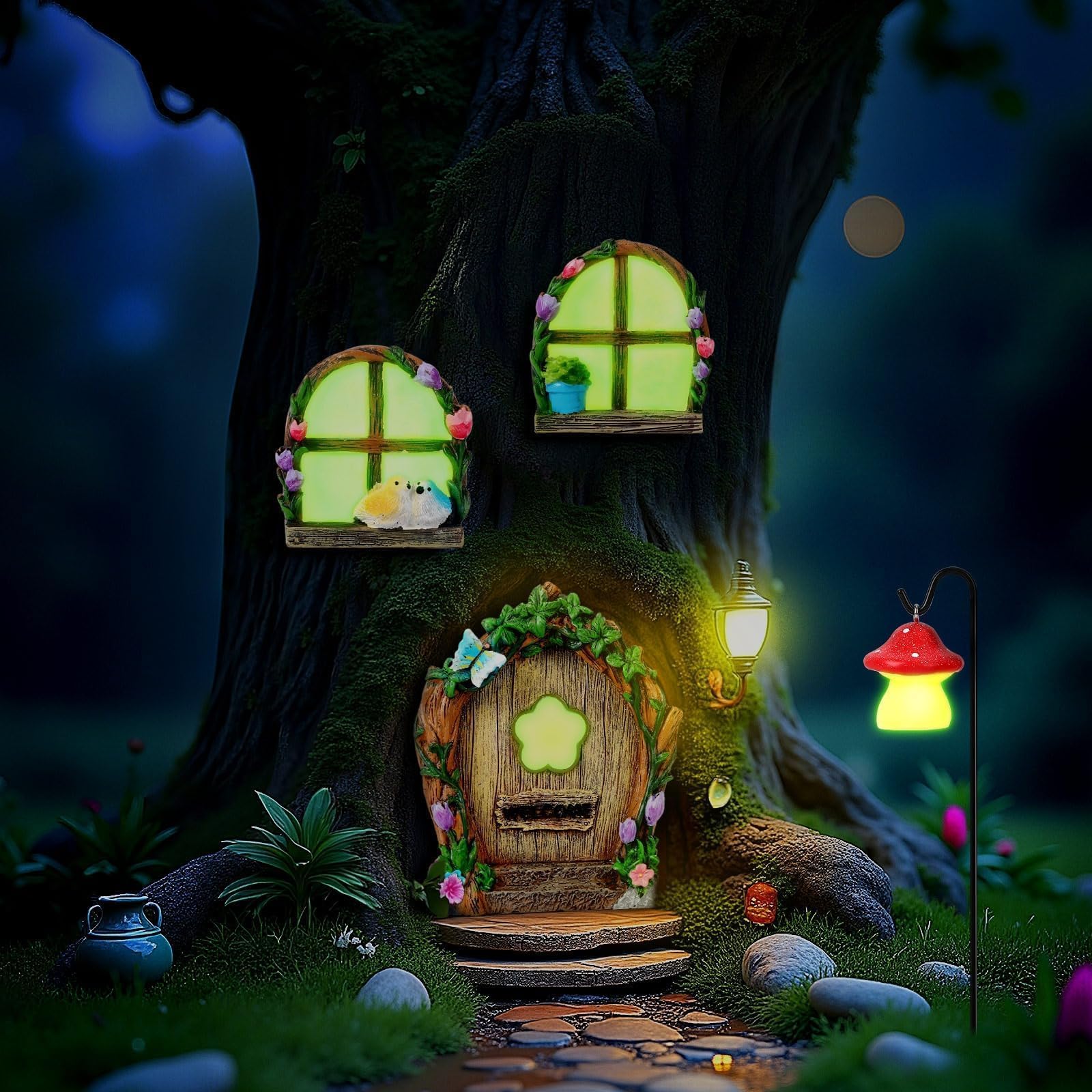 Augshy 4 Pcs Fairy Door Windows and Lantern for Trees Glow in The Dark, Fairy Doors for Trees Outdoor for Rooms Gnome Outdoor Courtyards Lawns Garden Decorations