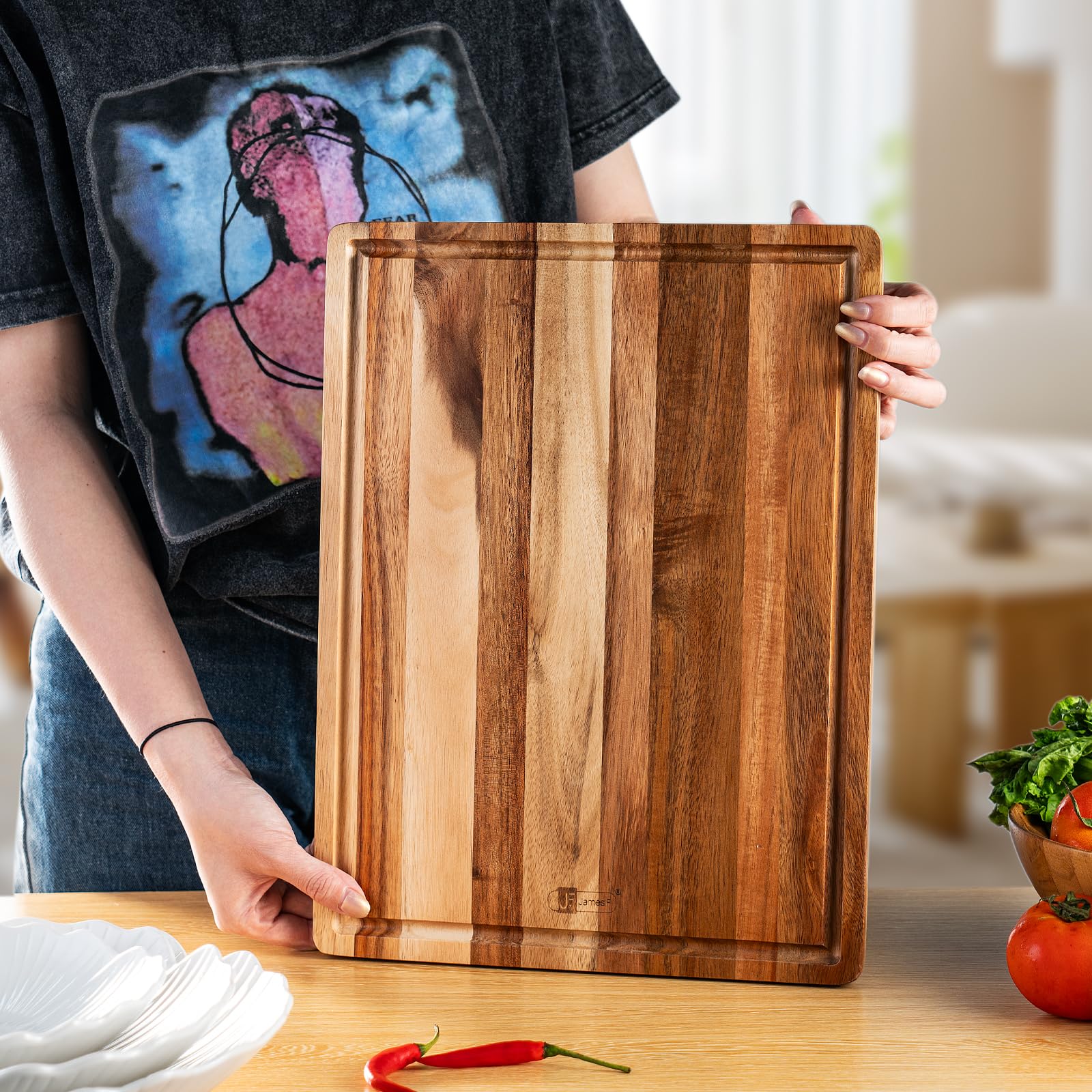 Wood Cutting Board,James.F Thick Acacia Wooden Cutting Board with Juice Groove, Reversible Charcuterie Serving Board for Kitchen, Large Chopping Board for Meat Bread Cheese(15.7” x 11.8“ x 0.7”)