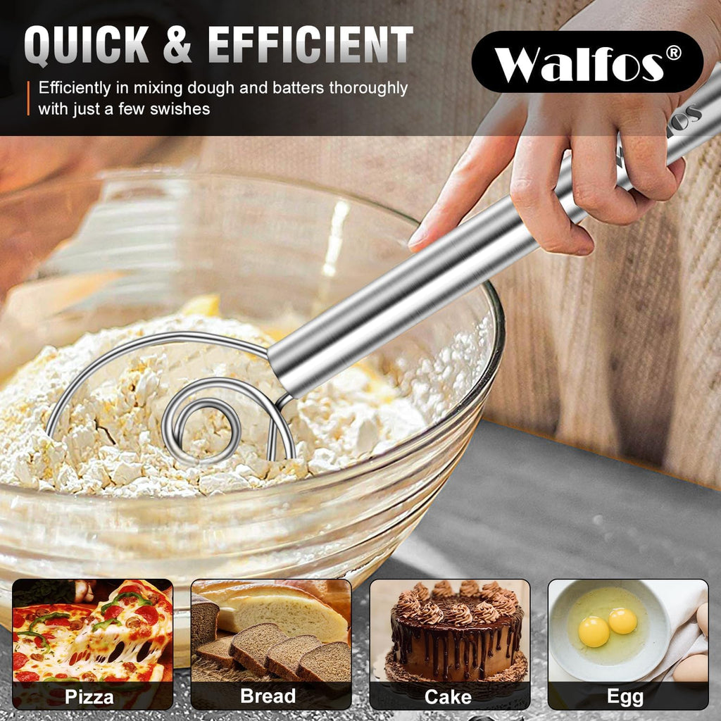 Walfos Danish Dough Whisk, Rustproof Stainless Steel Bread Whisk, Quick Mixing Bread Mixer, Dutch Dough Whisk for Cooking, Blending, Whisking, Stirring, Sourdough, Pizza, Pastry, Cake Batter (2pcs)