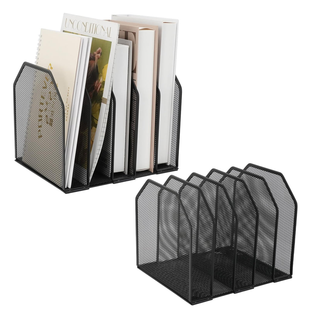 RUITENG 2 Pack Mesh File Sorter Organizer for Desktop, 5-Section Black Metal Vertical Desk File Organizer, Adjustable Upright Bookshelf File Holder Stand for Office Home Classroom Documents Books