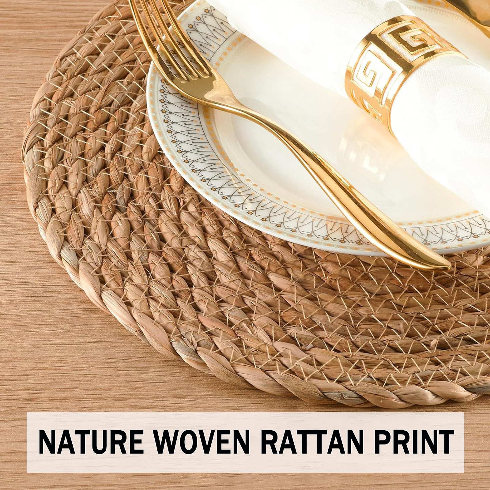 Handmade Heat Resistant 13.8" Round Woven Placemats Set of 6, Wicker Boho No Chemical Natural Water Hyacinth Place Mats, Farmhouse Table Mats for Kitchen Dining Table,Home Decorations,Wedding