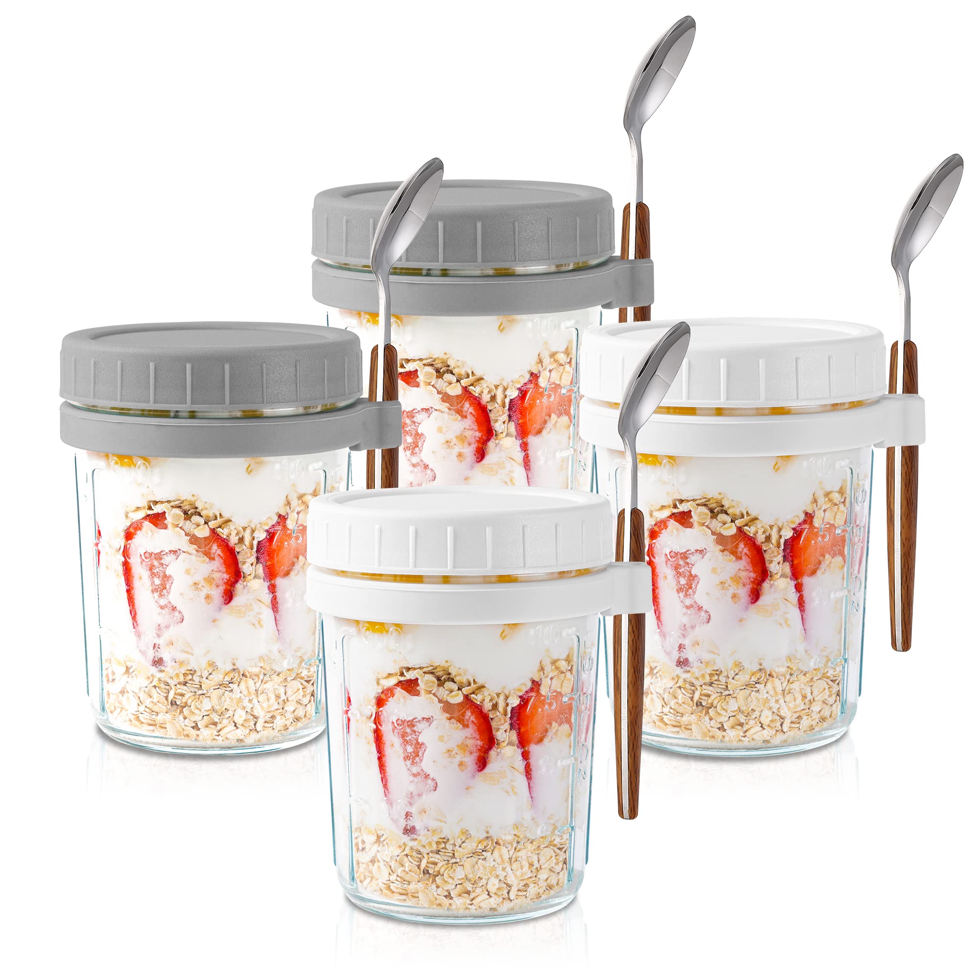 Overnight Oats Containers with lids and Spoons: 16 oz Mason Jars for Overnight Oats - 4 Pack Glass Meal Prep Container for Oatmeal - Food Storage Containers/Canning Jars/Food Jars & Canisters