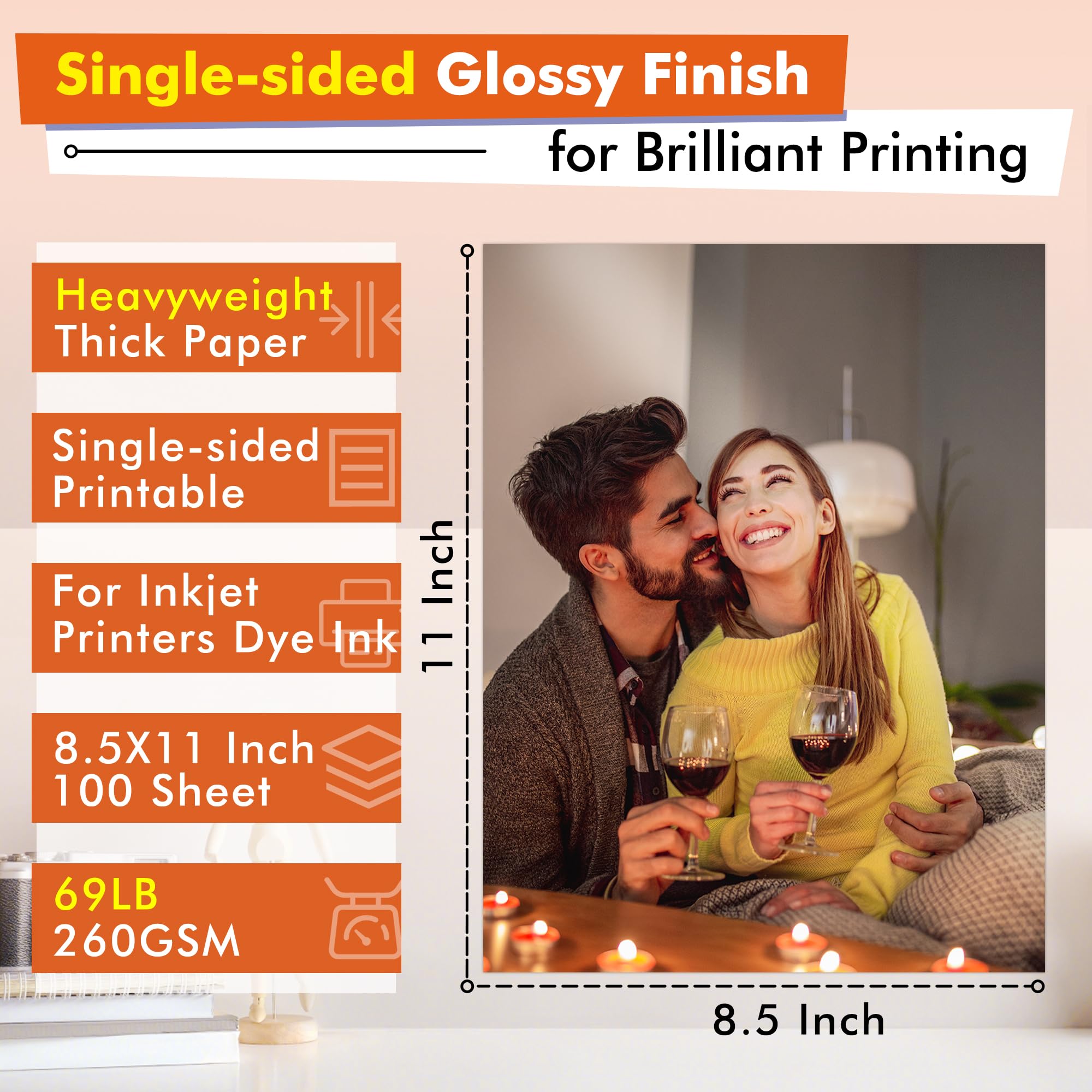 Koala Heavyweight Thick Glossy Photo Paper Single Sided 8.5x11 Inches 69LB 260GSM for Inkjet Printer and Dye Ink for Greeting Card Cake Toppers