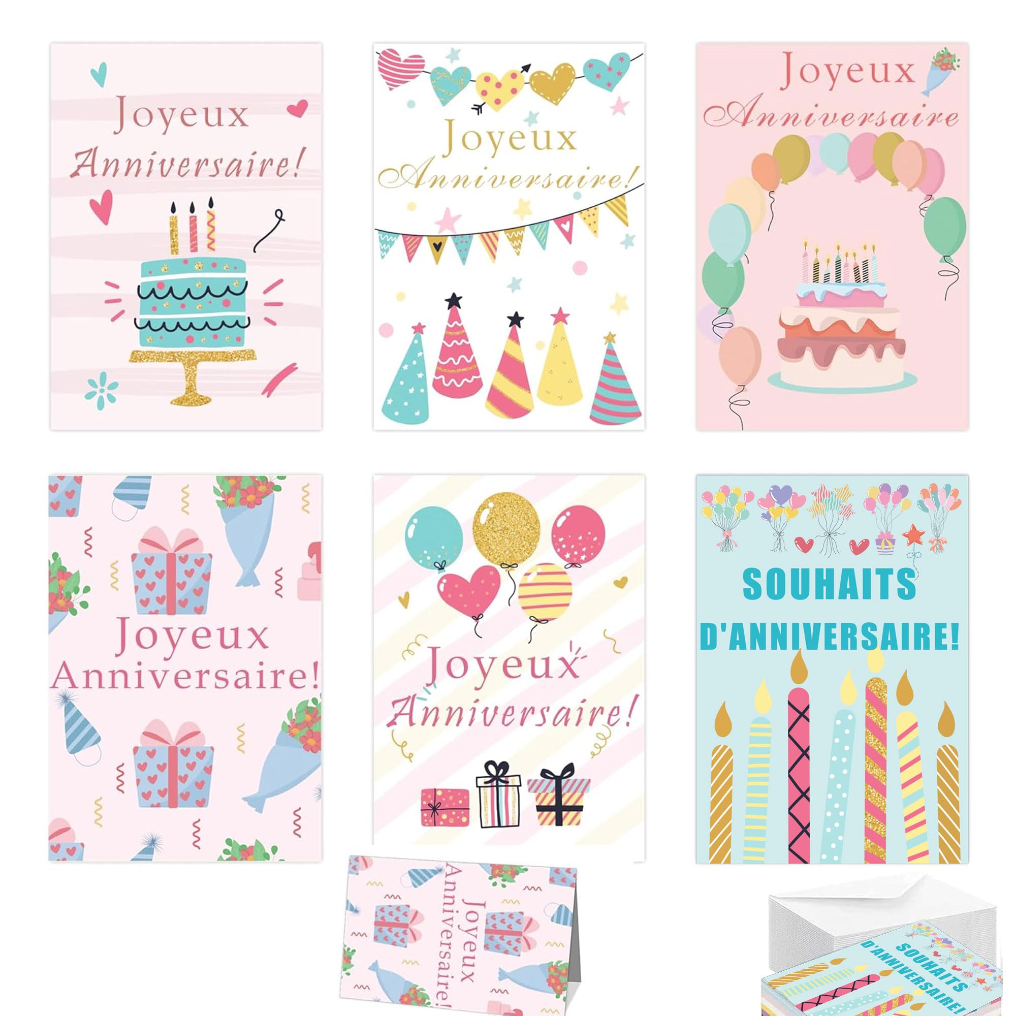 French Birthday Cards with Envelopes 4x6 Inch Watercolor Birthday Thank You Cards 24 Pack Bulk Birthday Card Joyeux anniversaire Greeting Cards for Birthday Party Holiday Baby Shower, Christmas
