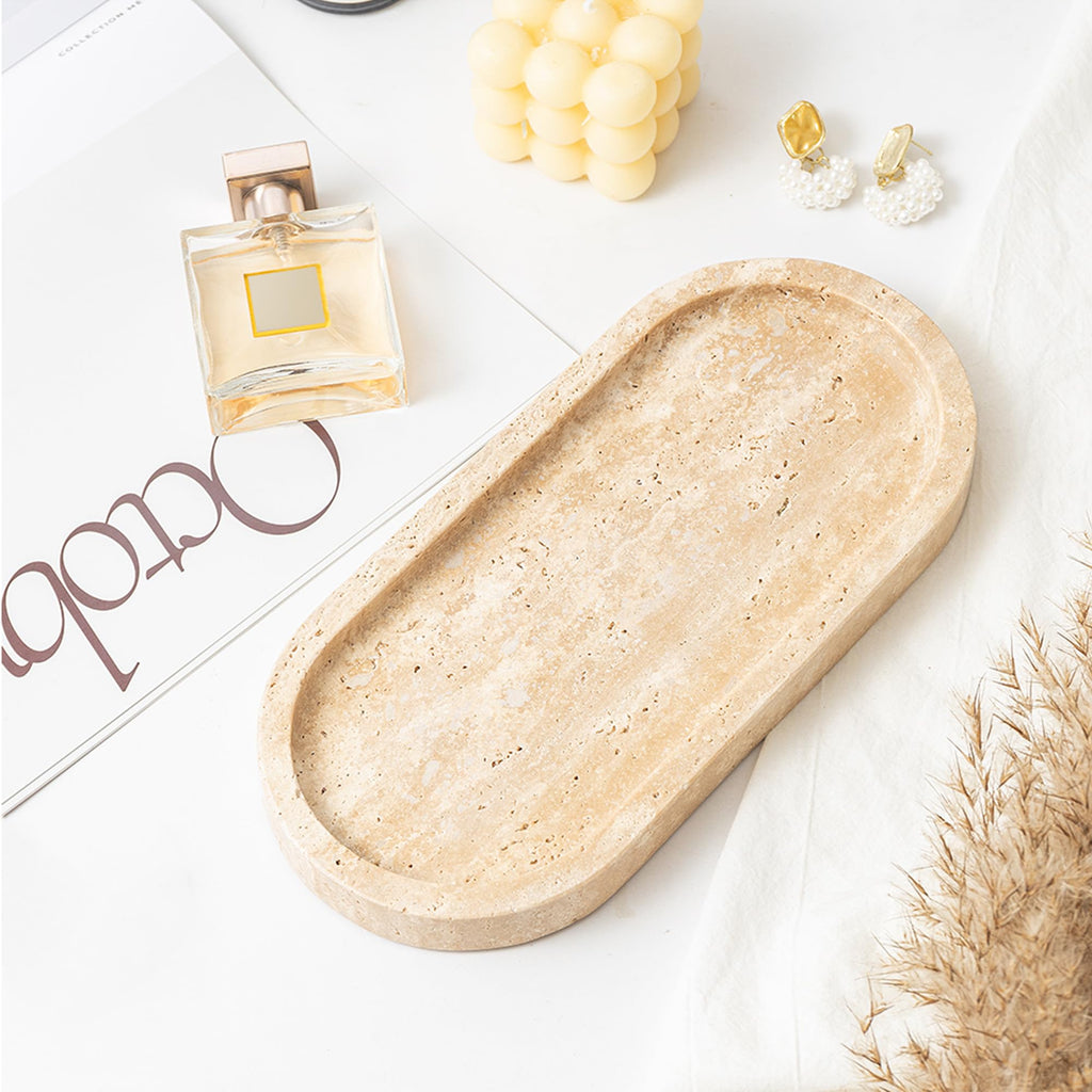 WORHE Italy Natural Travertine Stone Tray for Jewelry, Candles, Perfume, Trinket, Marble Oval Vanity Trays for Bathroom, Dresser, Kitchen, Countertop Storage Organizer Home Decor Beige (WH028)