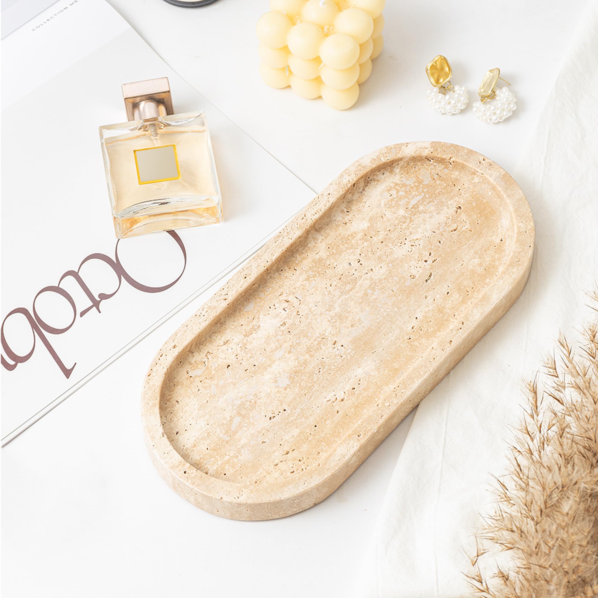 WORHE Italy Natural Travertine Stone Tray for Jewelry, Candles, Perfume, Trinket, Marble Oval Vanity Trays for Bathroom, Dresser, Kitchen, Countertop Storage Organizer Home Decor Beige (WH028)