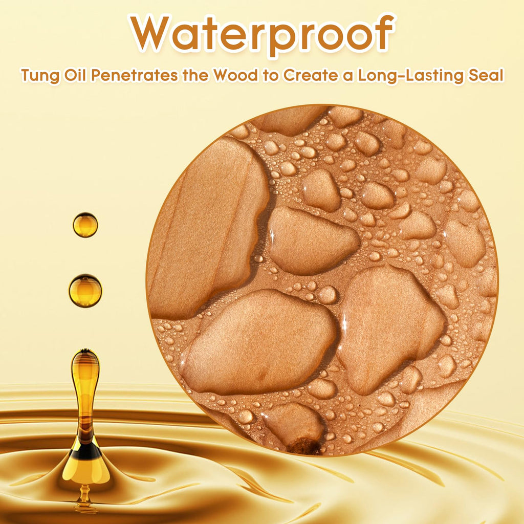10 OZ Pure Tung Oil for Wood Outdoor/Indoor, Food Grade Sealer, Tung Oil Finish, Waterproof WoodOil for Furniture, Cutting Board, Teak, Floor — Food Safe, Indoor Use