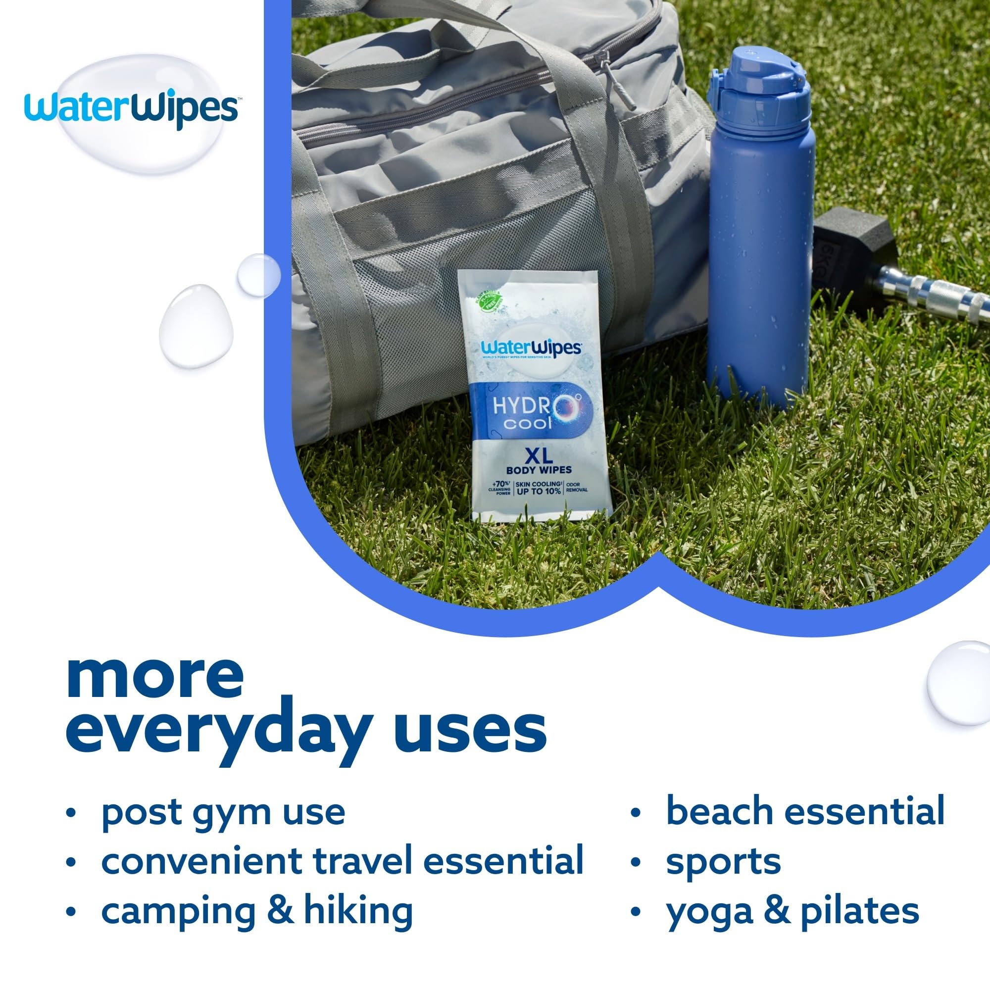WaterWipes HydroCool Cooling Wipes, XL Body Cleaning Wipe, Stay Fresh & Cool On-the-Go Instant Skin Cooling, Odor & Sweat Removal, Ideal for Gym, Travel & Outdoor Use, 108 Count (6 Pack)