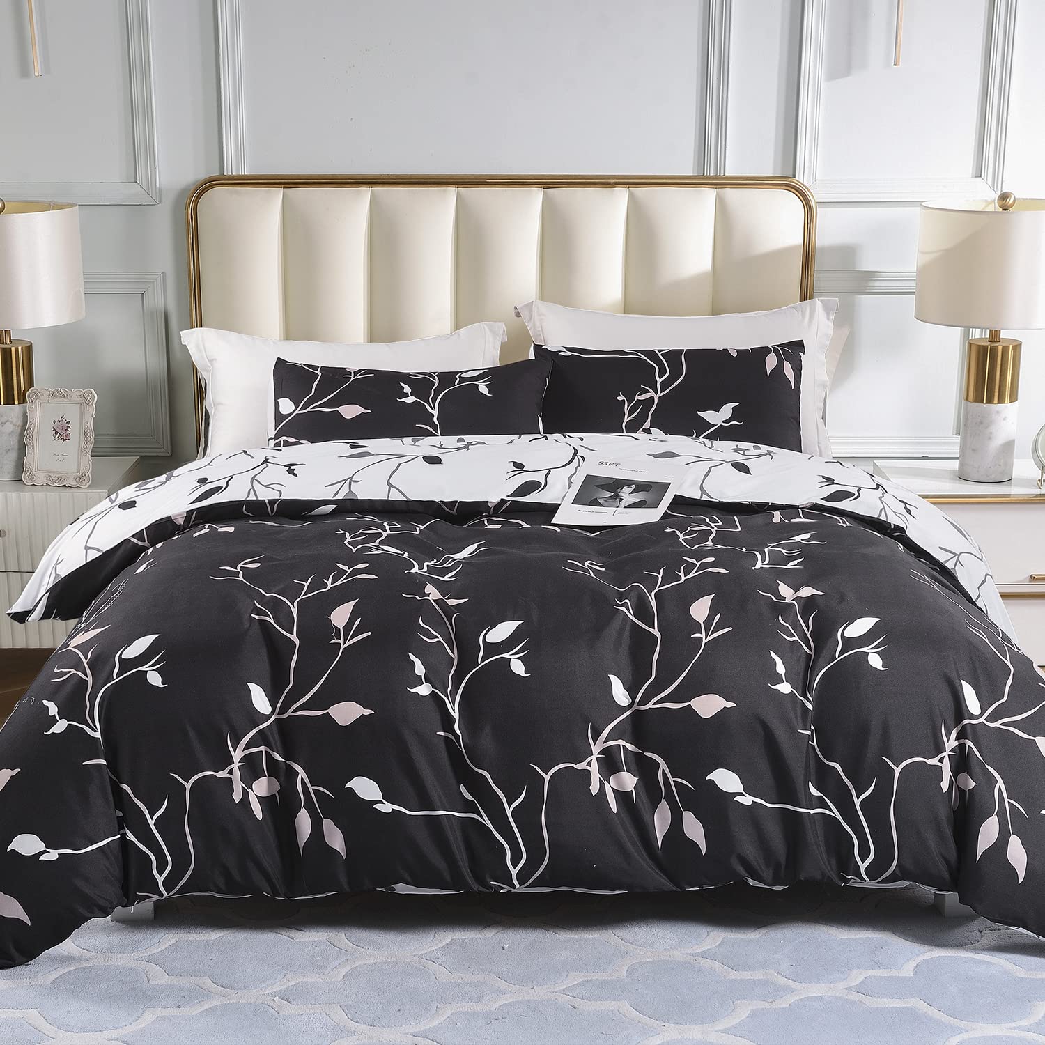 Conworld Reversible Duvet Cover Queen, White Black Tree Branch Pattern Queen Duvet Cover Set 3pc Soft Microfiber Breathable Botanical Bedding Sets with Zipper Ties