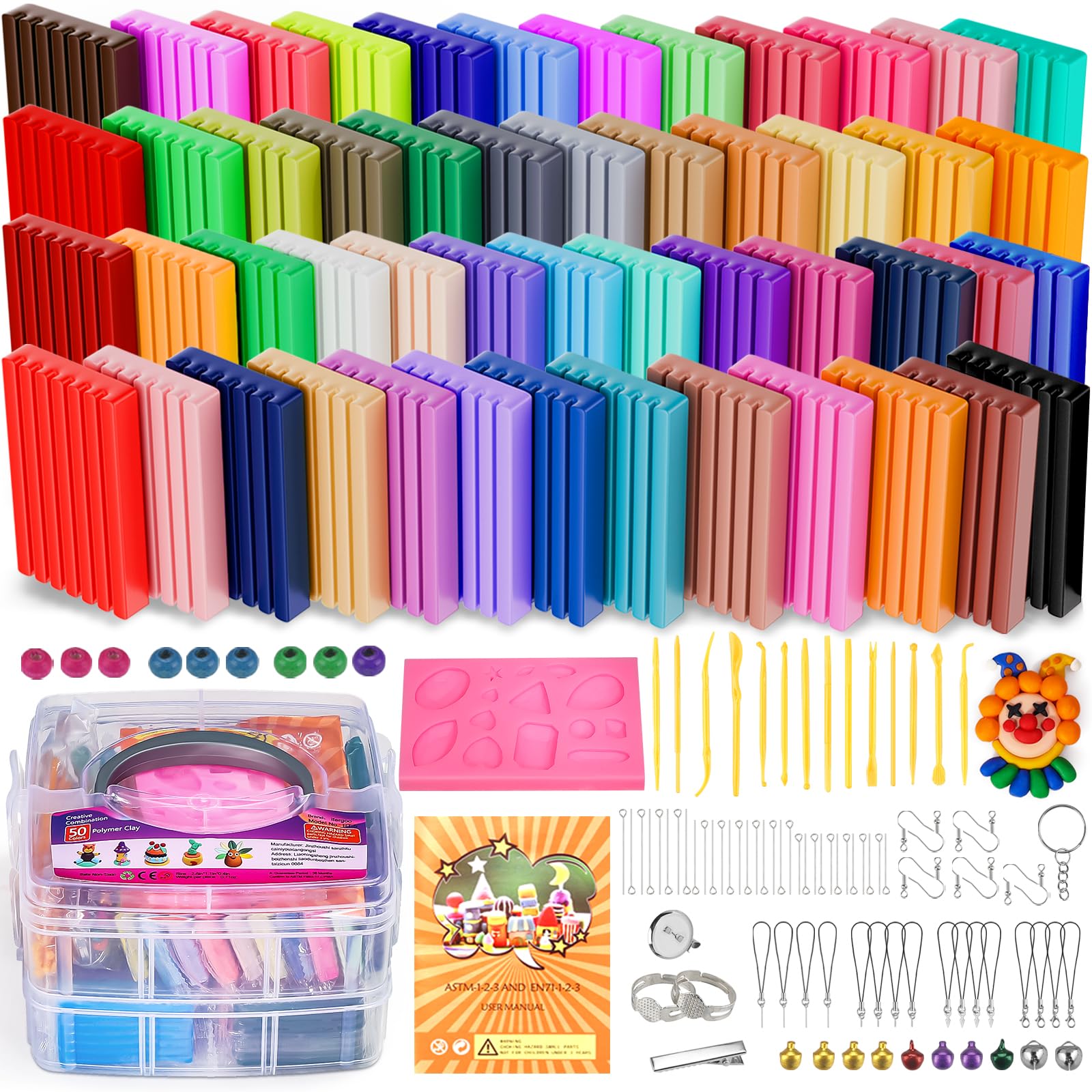 iFergoo Polymer Clay Starter Kit - ifergoo 50 Colors Modeling Clay for Kids, Baking Clay with Shaping Tools, Accessories, Booklet, Toy for Children Art Craft Gift for Kids & Beginner