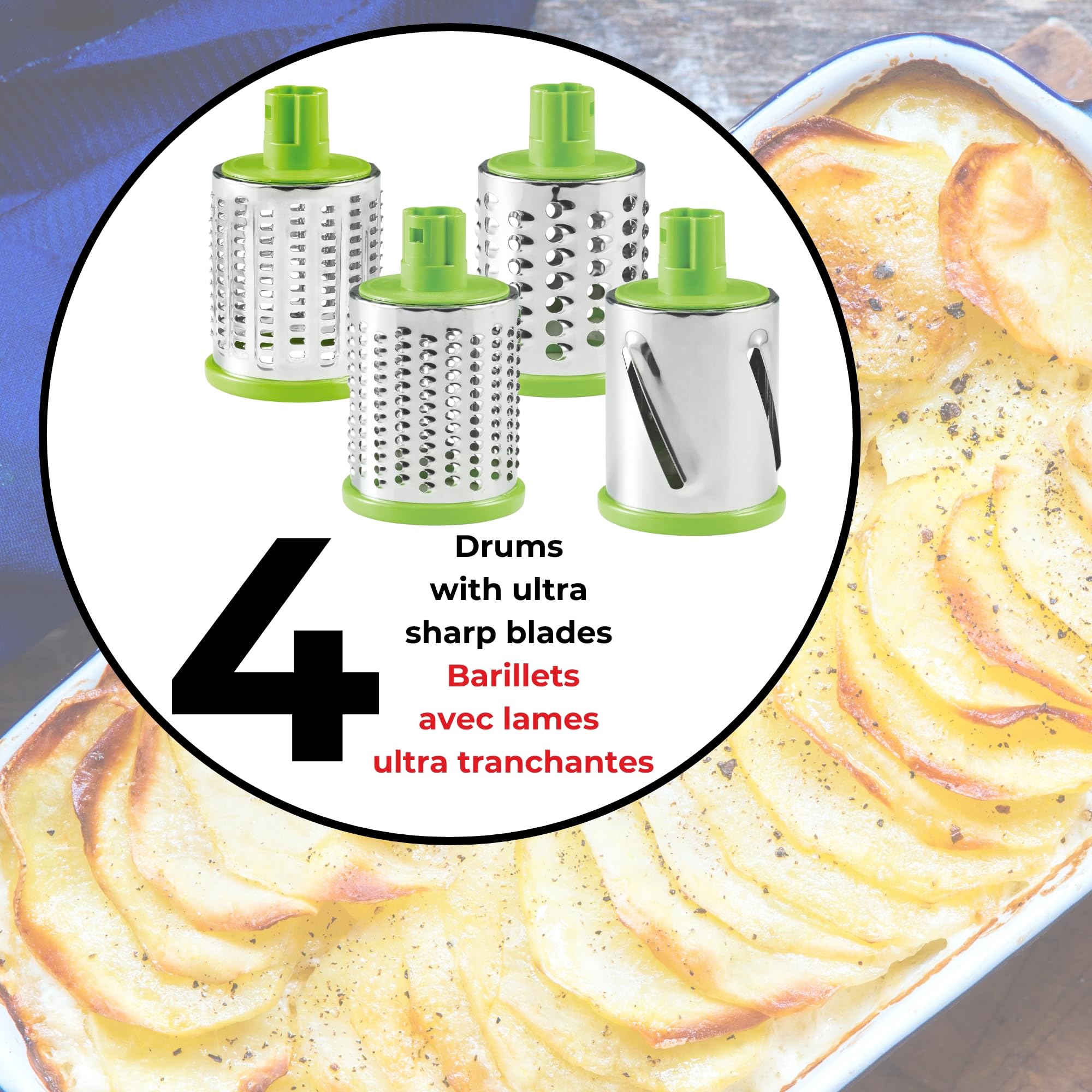Starfrit Rotary Drum Grater, 4 Interchangeable Stainless Steel Drums, Slicing, Coarse and Fine Grating, Ice Shaving, Great for Vegetables, Cheese, Nuts, Chocolate, Easy to Use Hand Crank